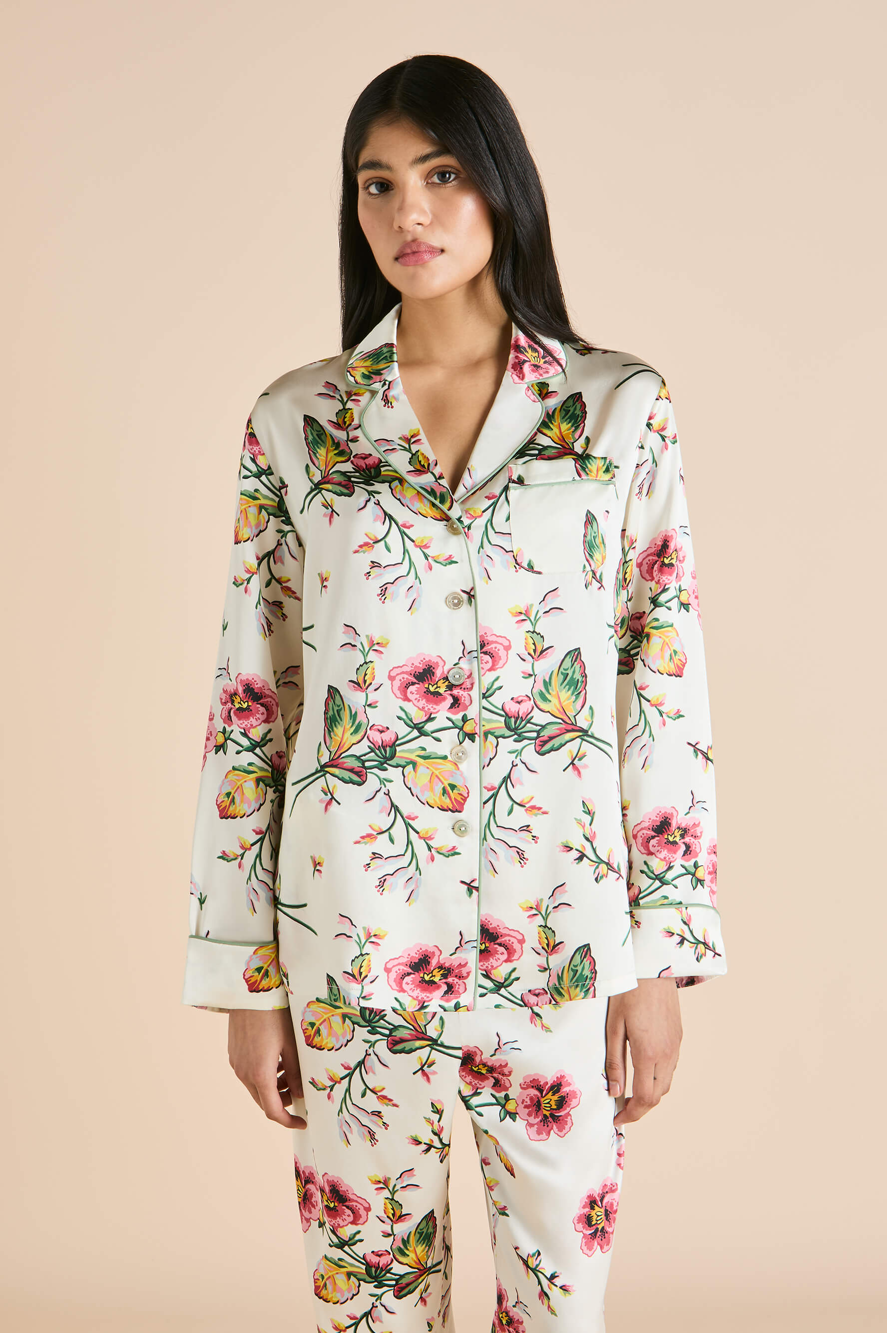 Lila Maugham Ivory Floral Pyjamas in Silk Satin | Olivia von