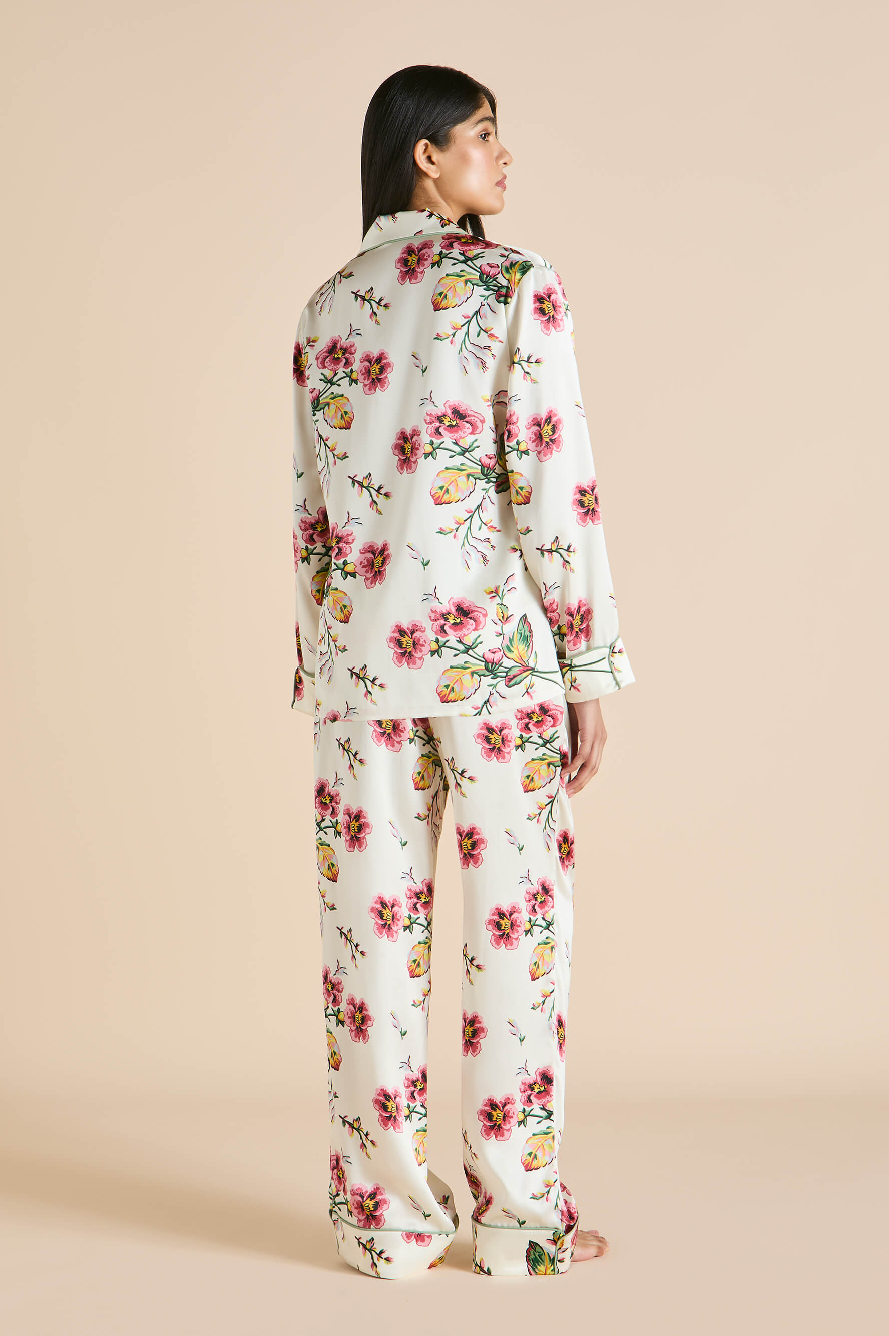 Lila Maugham Ivory Floral Pyjamas in Silk Satin