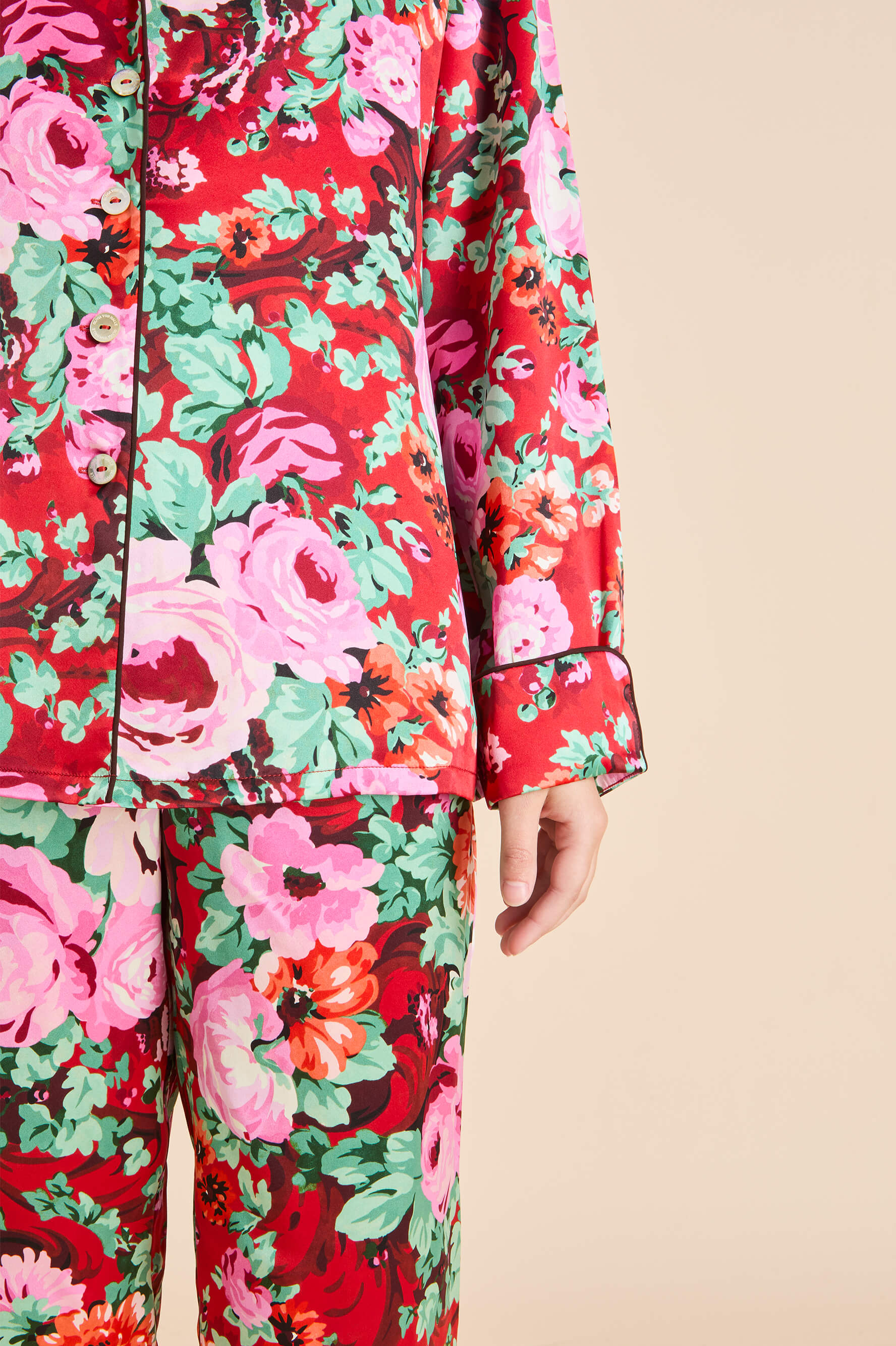 Lila Moulin Red Floral Pyjamas in Silk Satin