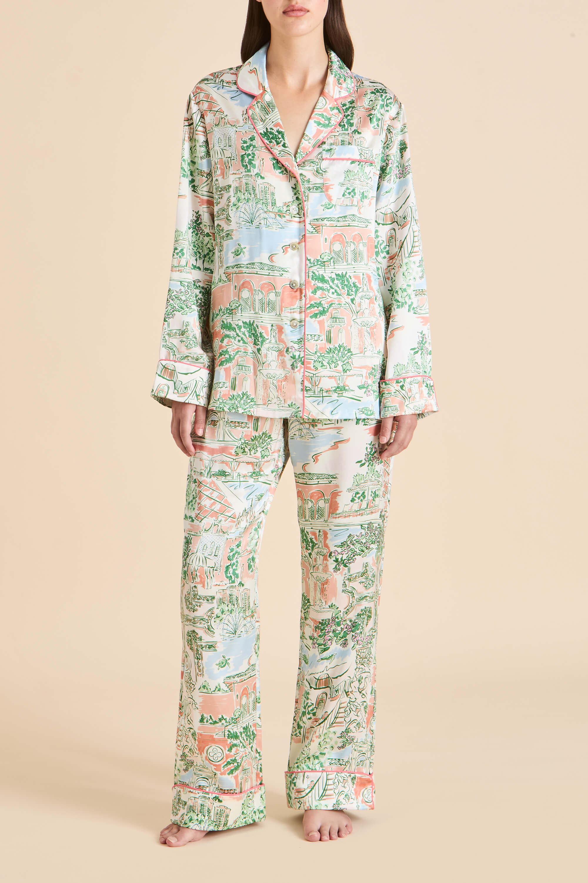 Lila Mansion Peach Landscape Pajamas in Silk Satin | Olivia von Halle