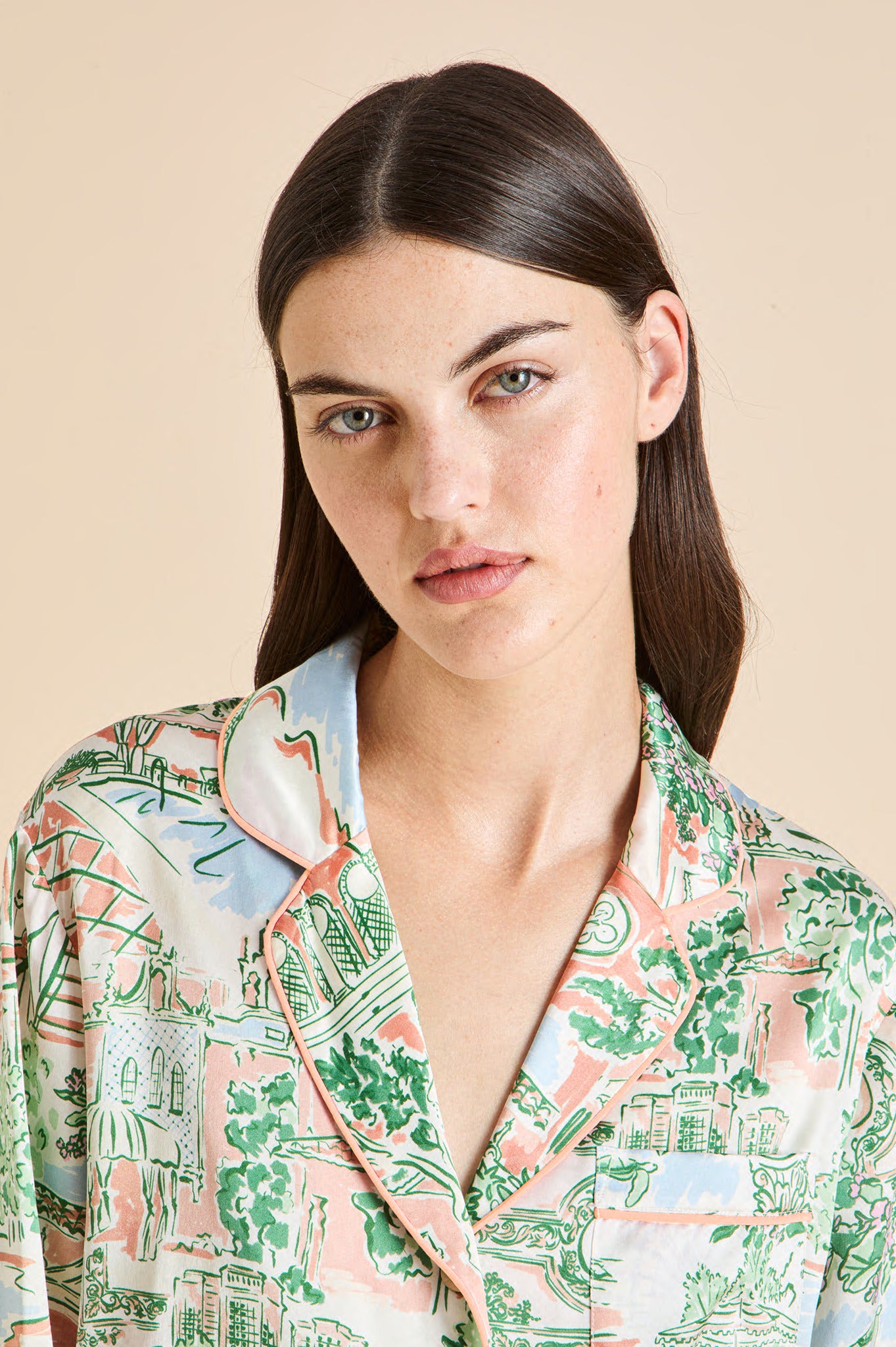 Lila Mansion Peach Landscape Pyjamas in Silk Satin