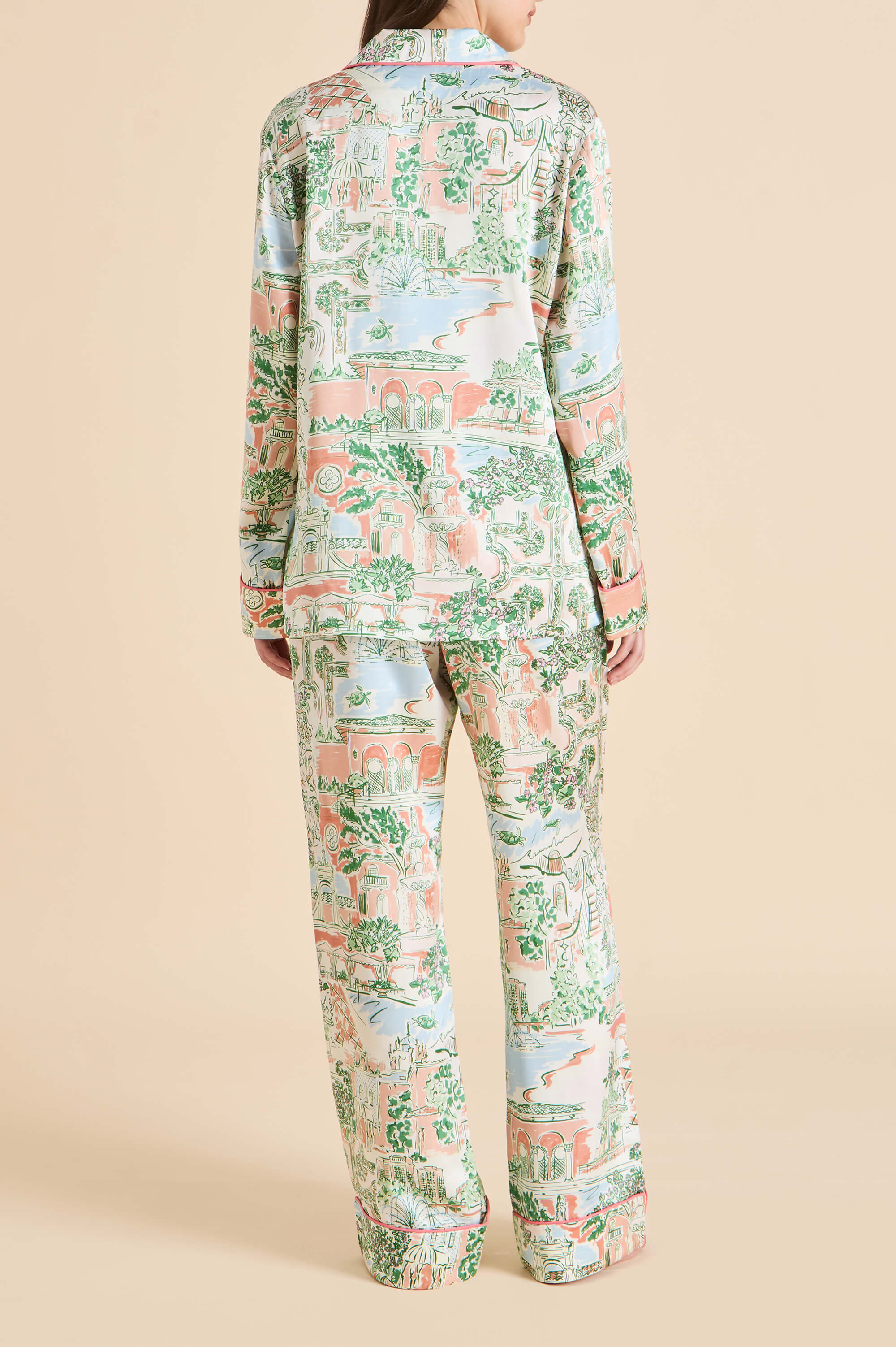 Lila Mansion Peach Landscape Pyjamas in Silk Satin