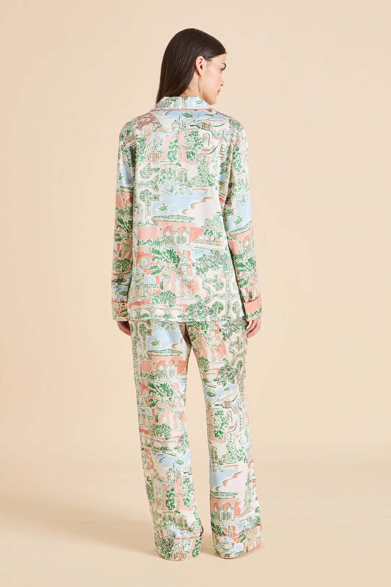 Lila Mansion Peach Landscape Pyjamas in Silk Satin