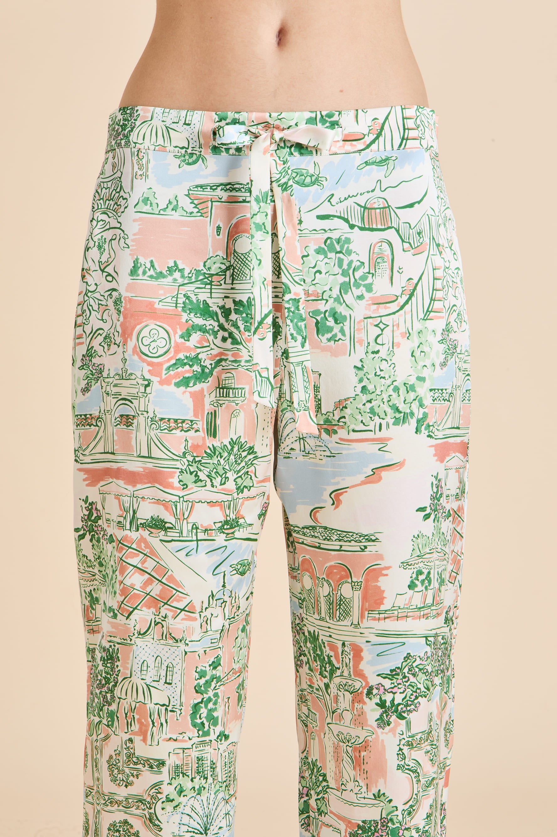 Lila Mansion Peach Landscape Pyjamas in Silk Satin