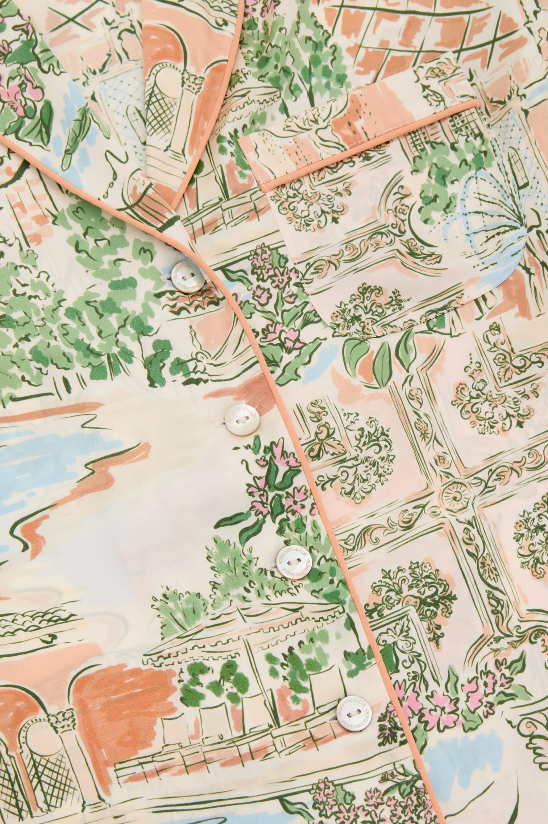 Lila Mansion Peach Landscape Pyjamas in Silk Satin