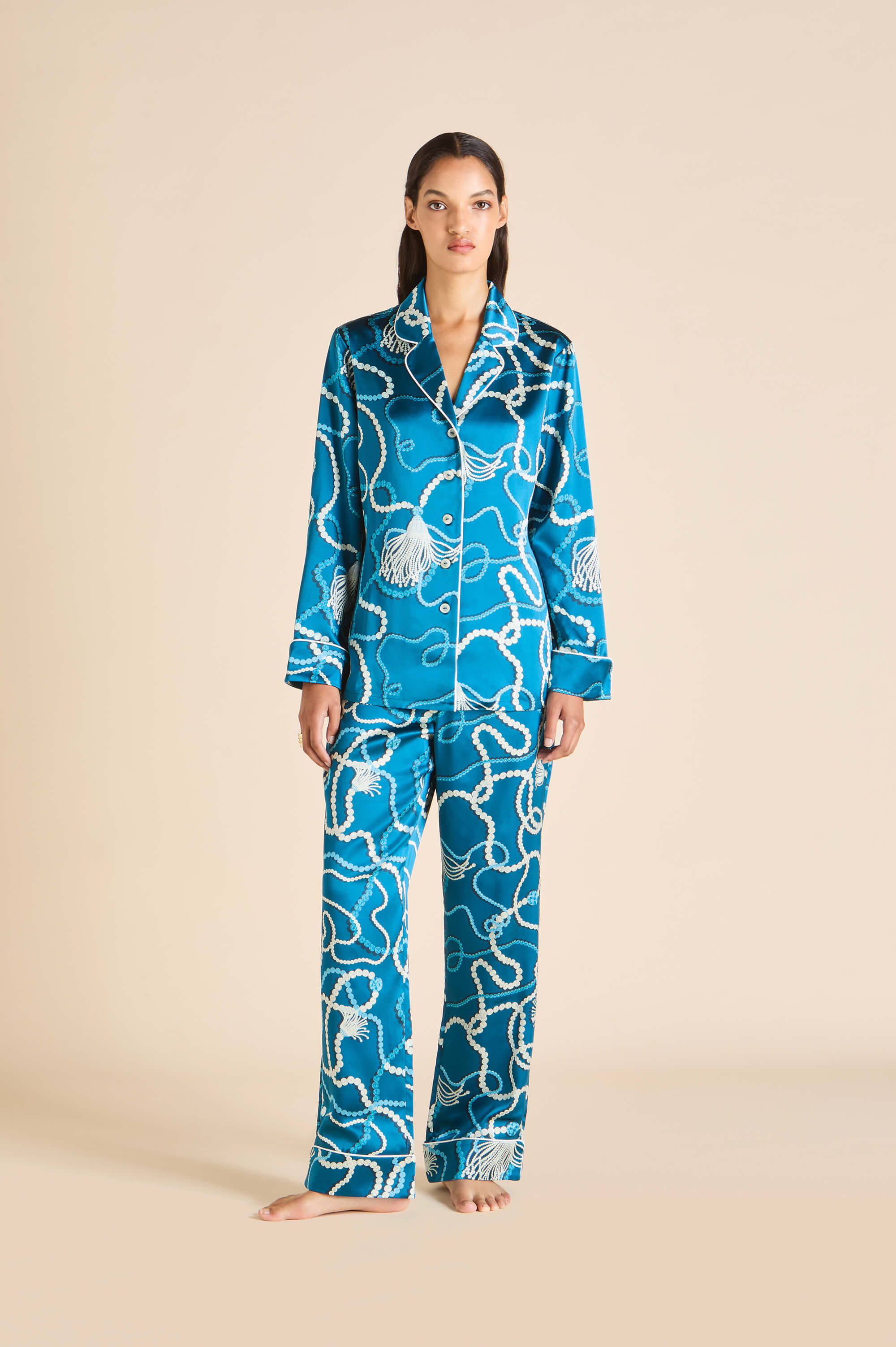Lila Periwinkle Blue Jewel Pajamas in Silk Satin | Olivia von Halle