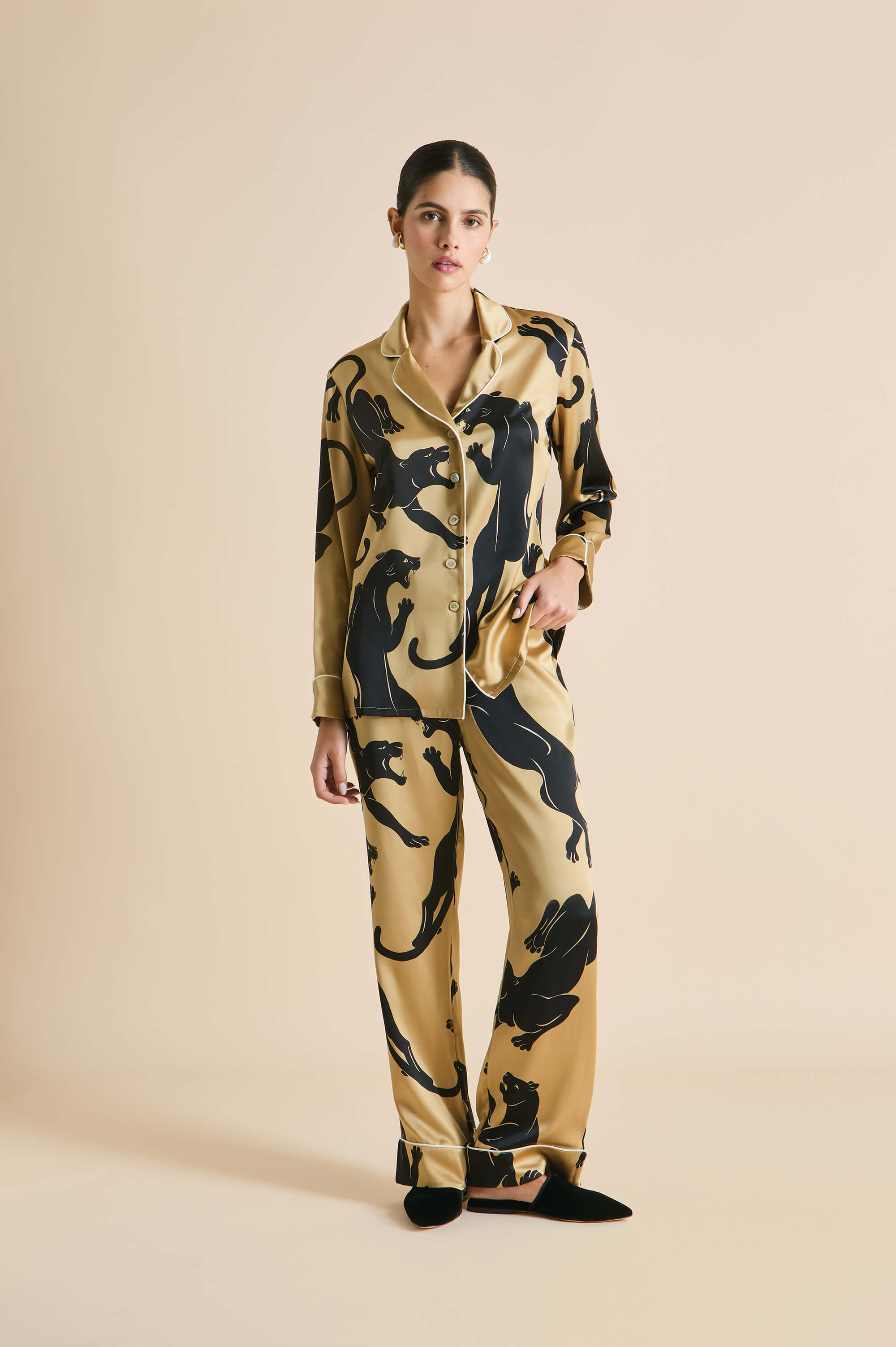 Lila Perriand Gold Puma Pyjamas in Silk Satin Olivia von Halle