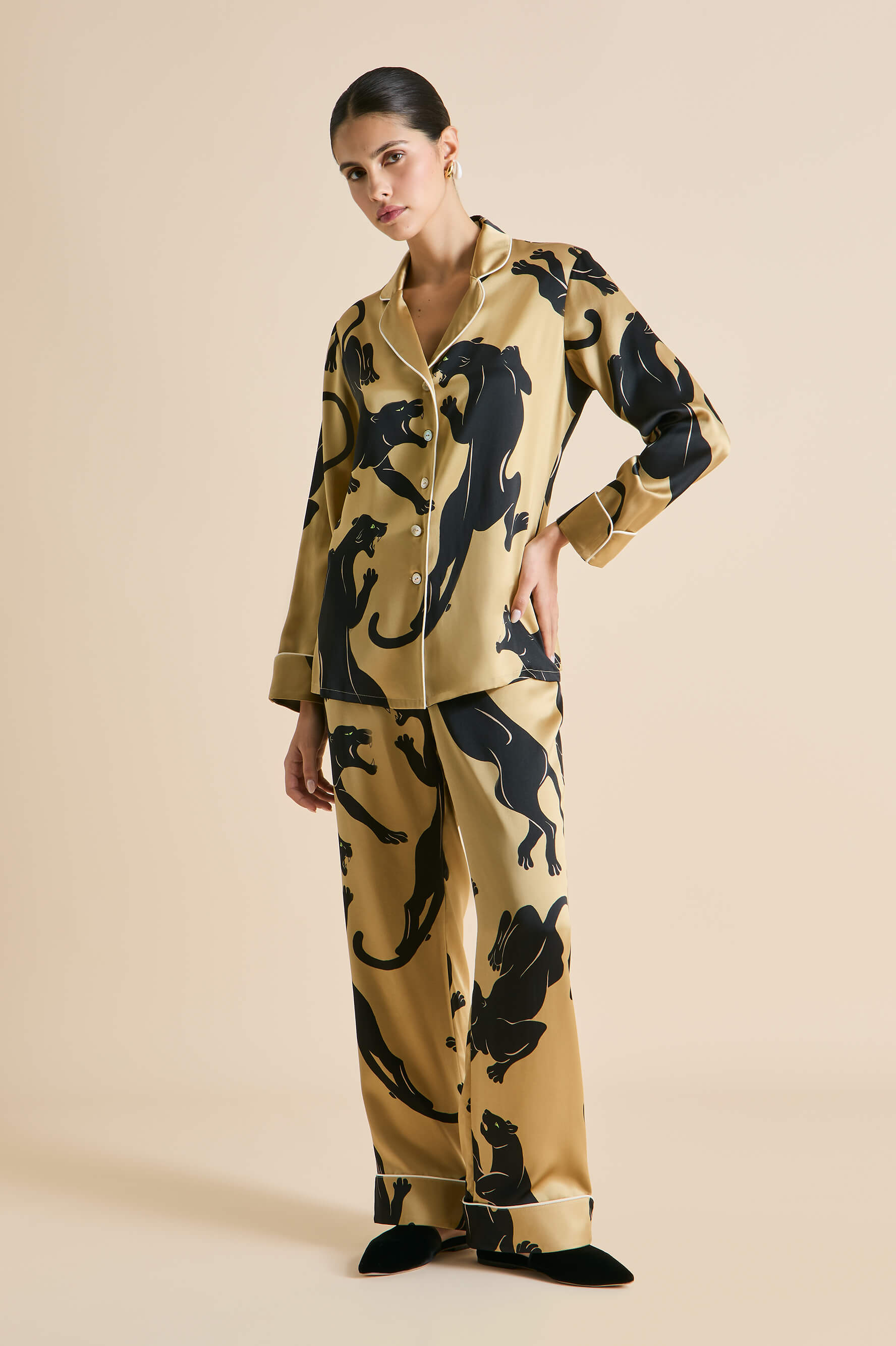 Lila Perriand Gold Panther Pyjamas in Silk Satin