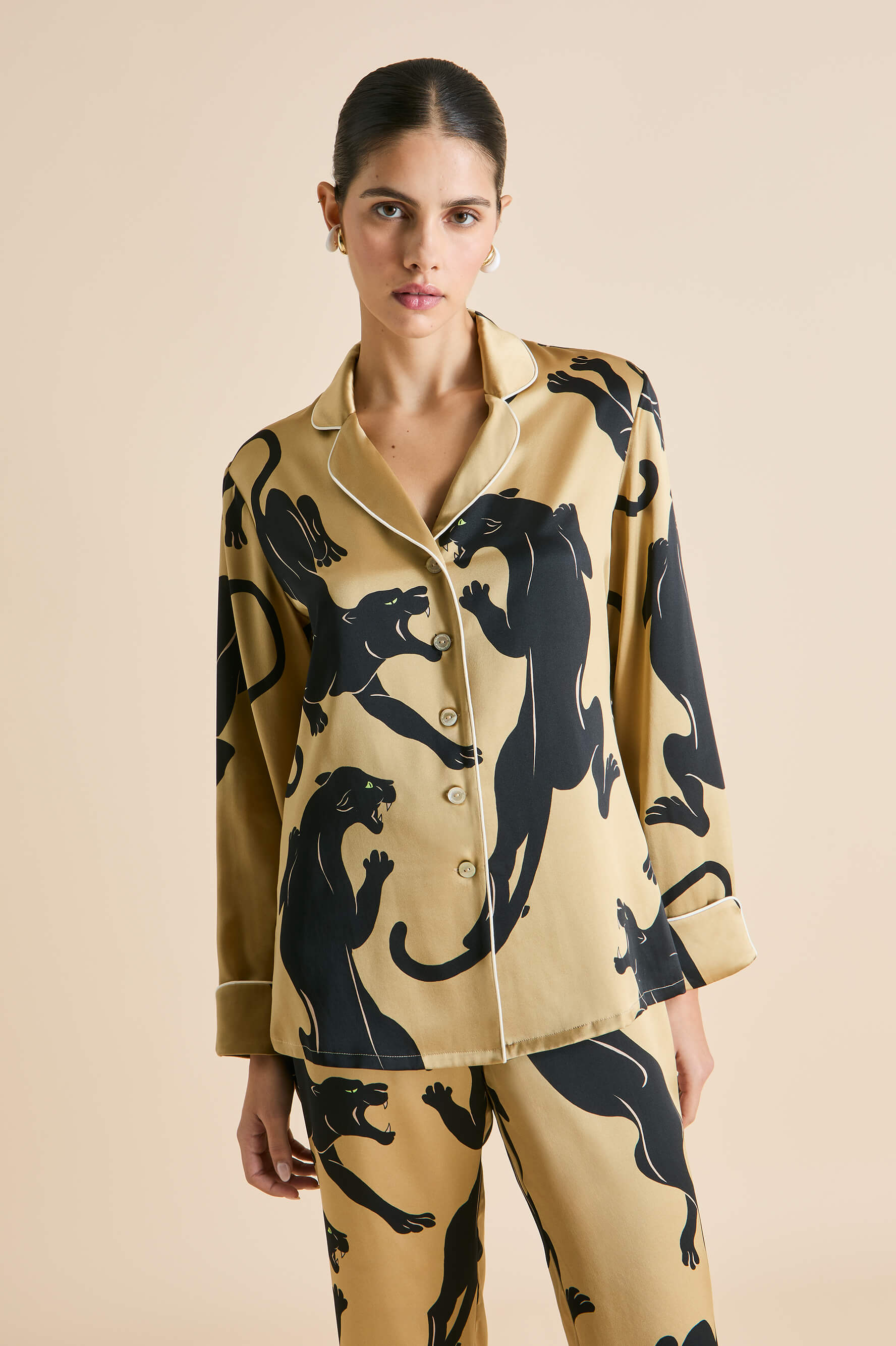 Lila Perriand Gold Panther Pyjamas in Silk Satin