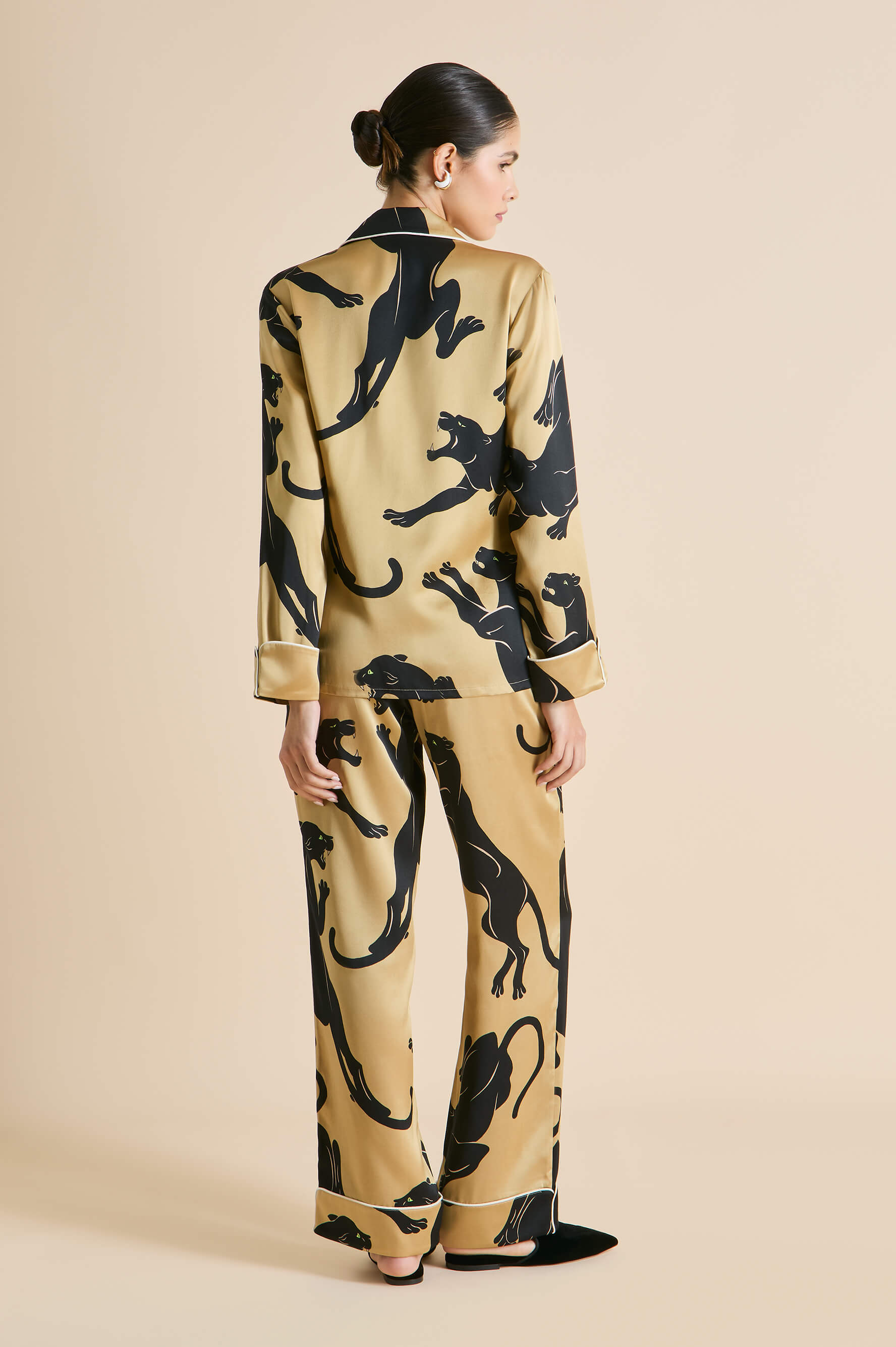 Lila Perriand Gold Panther Pyjamas in Silk Satin