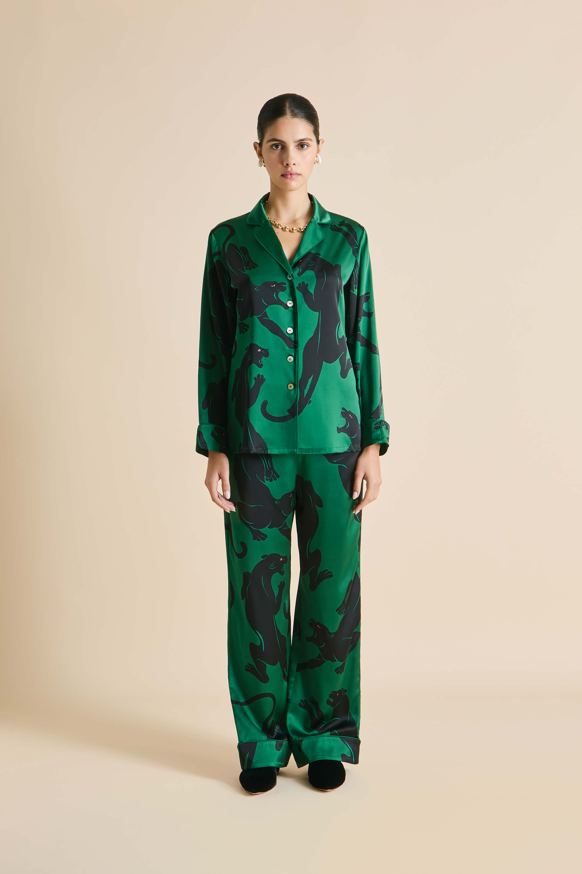 Lila Poiret Green Puma Pyjamas in Silk Satin Olivia von Halle