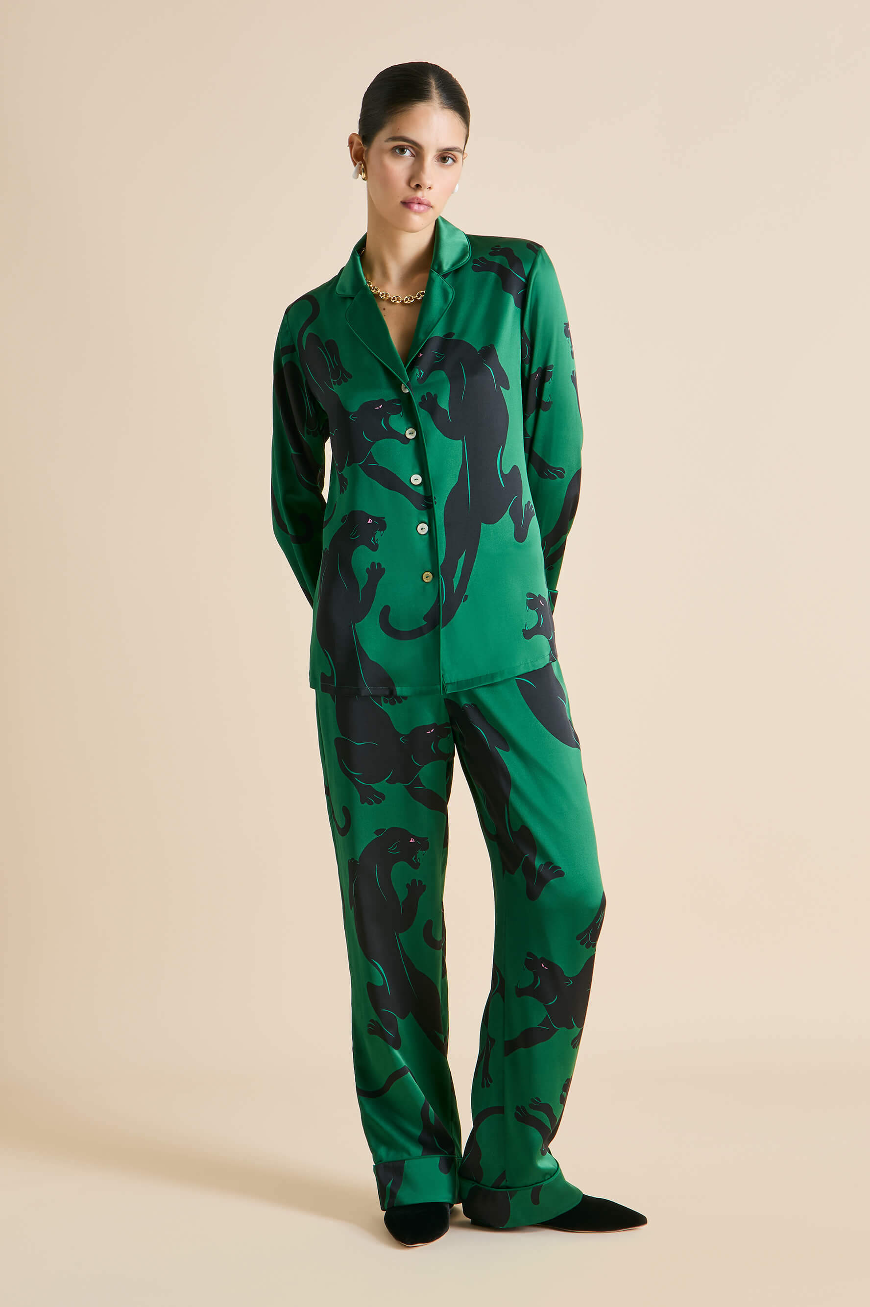 Lila Poiret Green Panther Pyjamas in Silk Satin