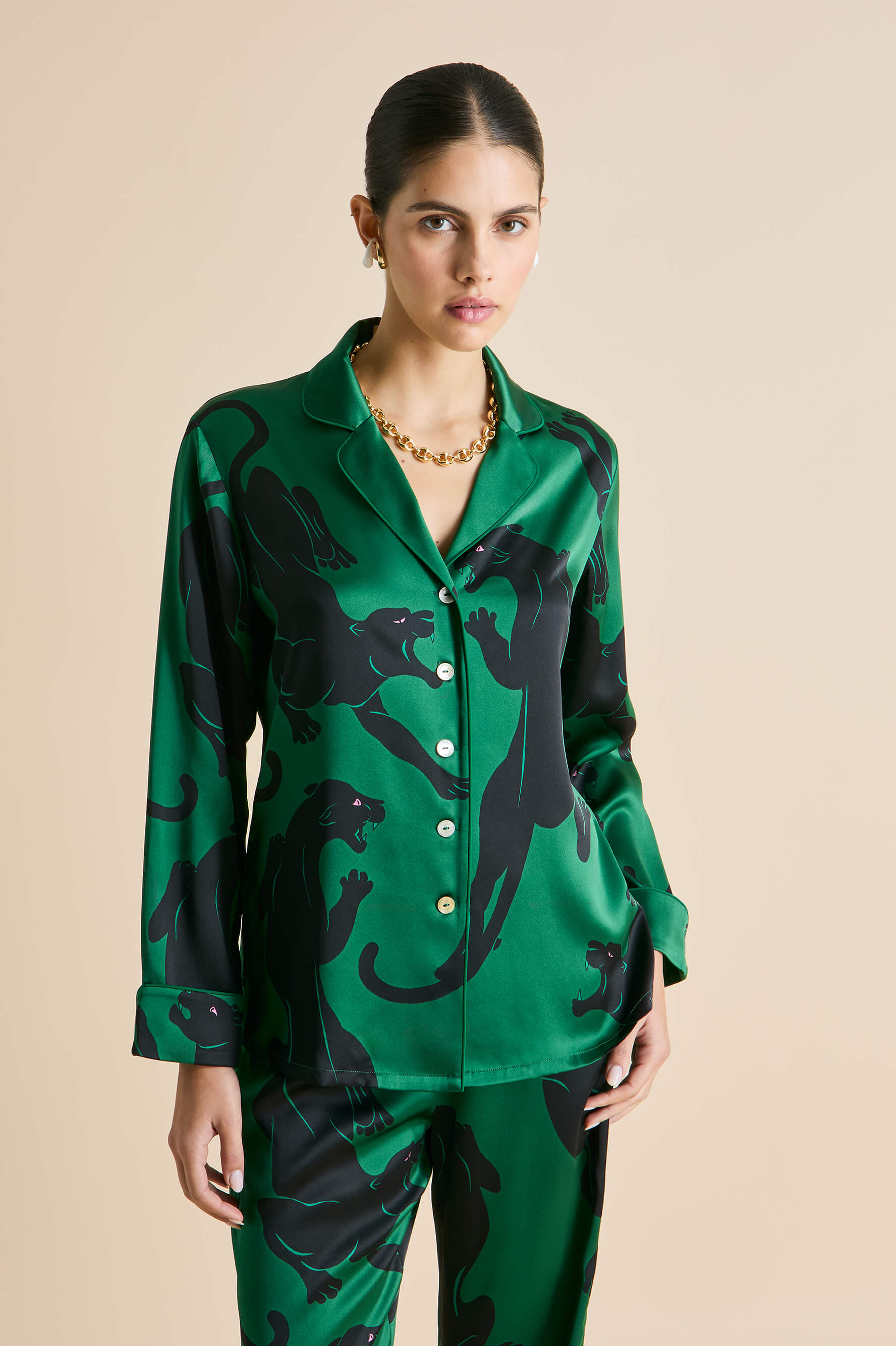 Lila Poiret Green Panther Pyjamas in Silk Satin