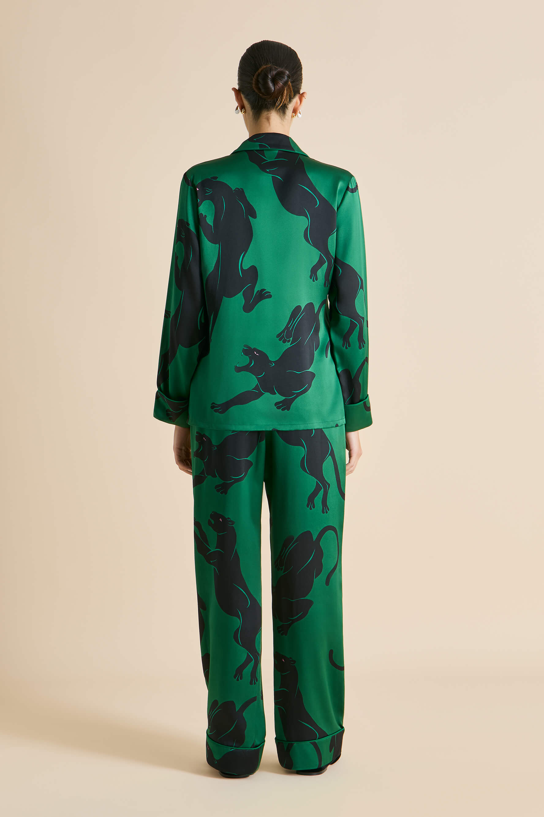 Lila Poiret Green Panther Pyjamas in Silk Satin