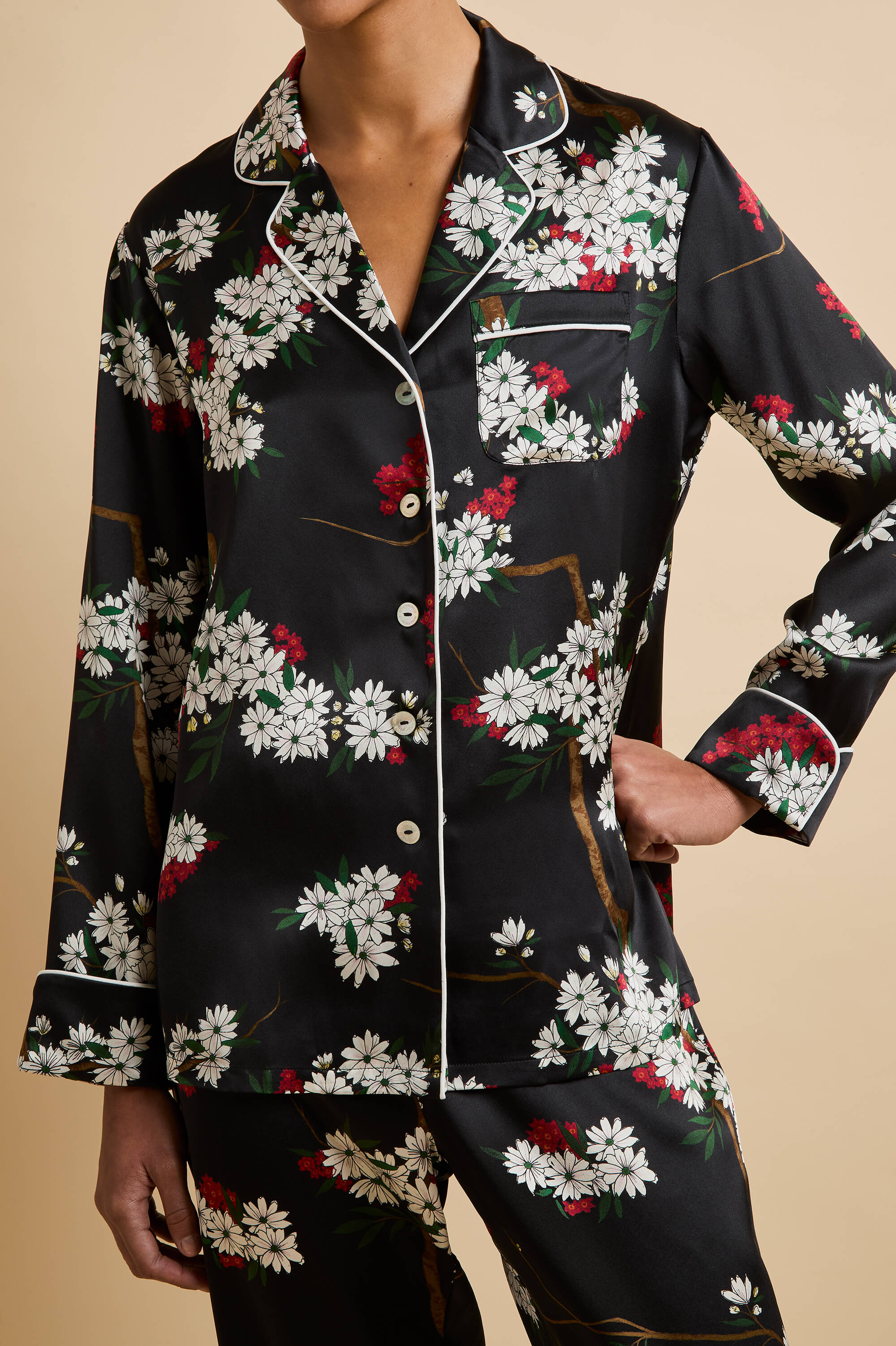 lila rené black blossom pyjamas in silk satin 
