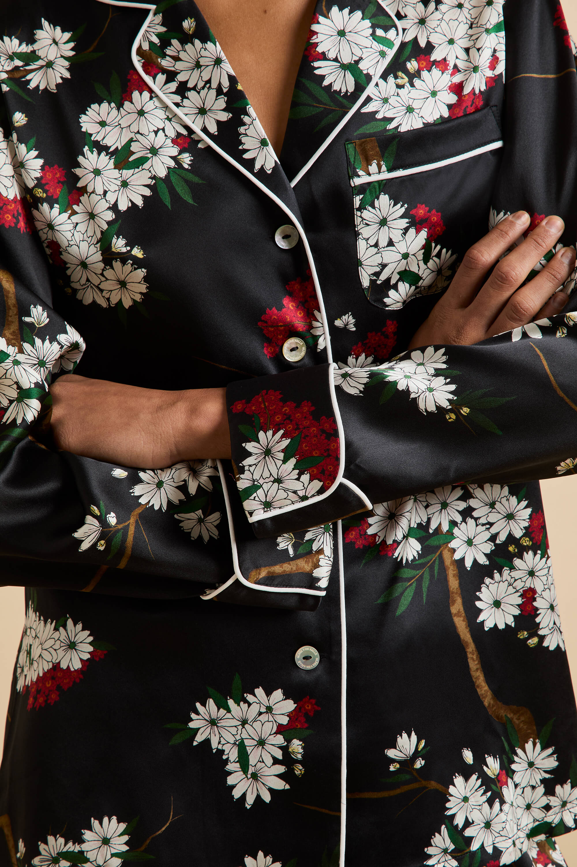 Lila René Black Blossom Pyjamas in Silk Satin