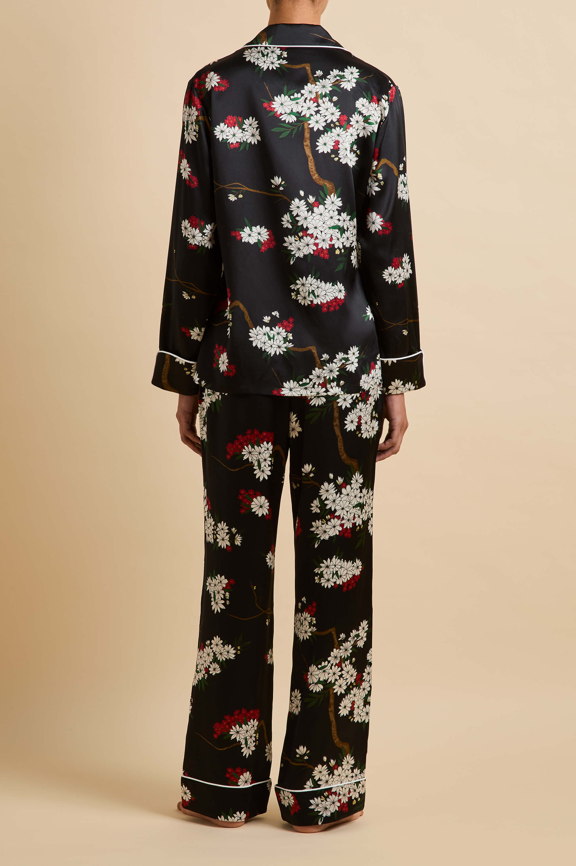 Lila René Black Blossom Pyjamas in Silk Satin
