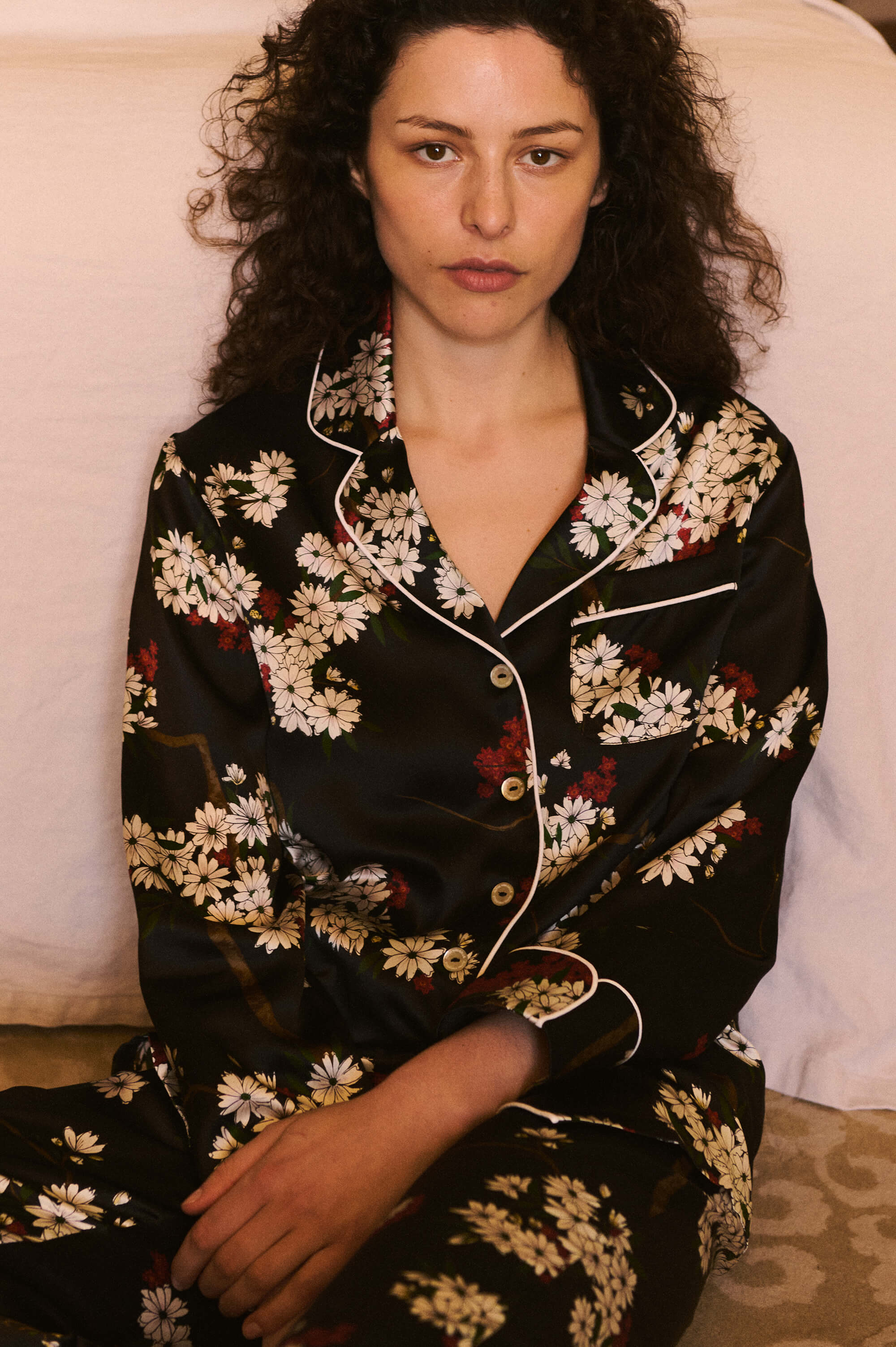 Lila René Black Blossom Pyjamas in Silk Satin