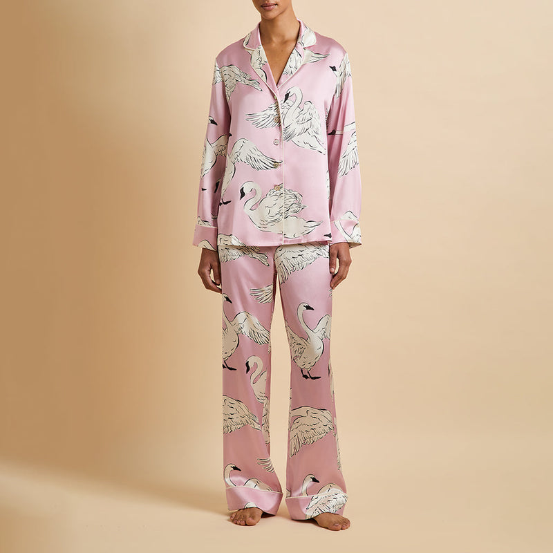 Lila Selene Pink Swan Pyjamas in Silk Satin