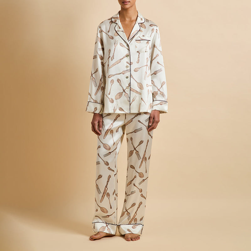 Lila Sevilla Cream Silverware Pyjamas in Silk Satin