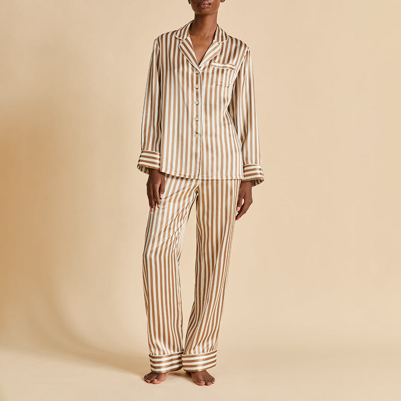 Lila Solene Beige Stripe Pyjamas in Silk Satin