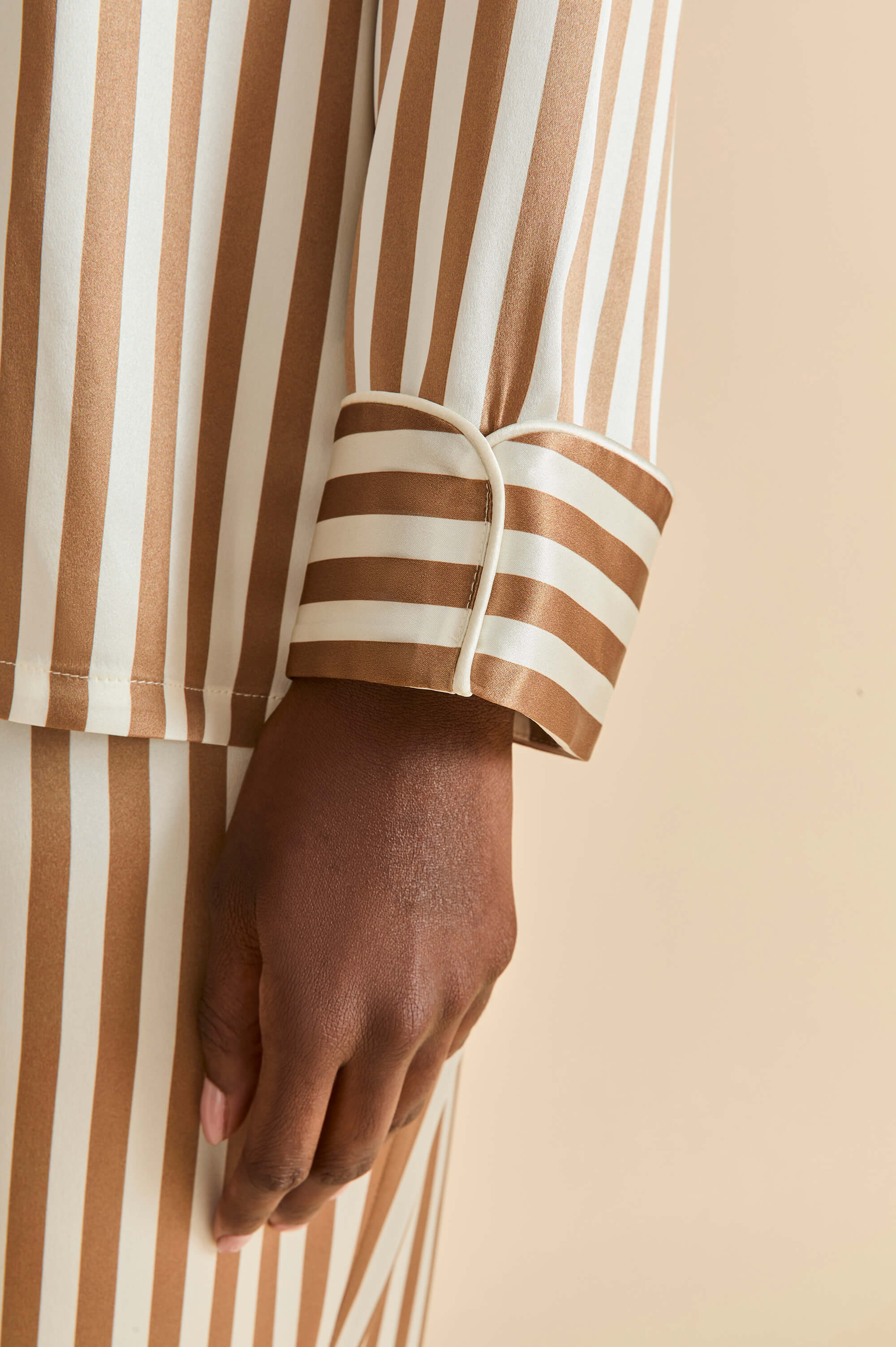 Lila Solene Beige Stripe Pajamas in Silk Satin