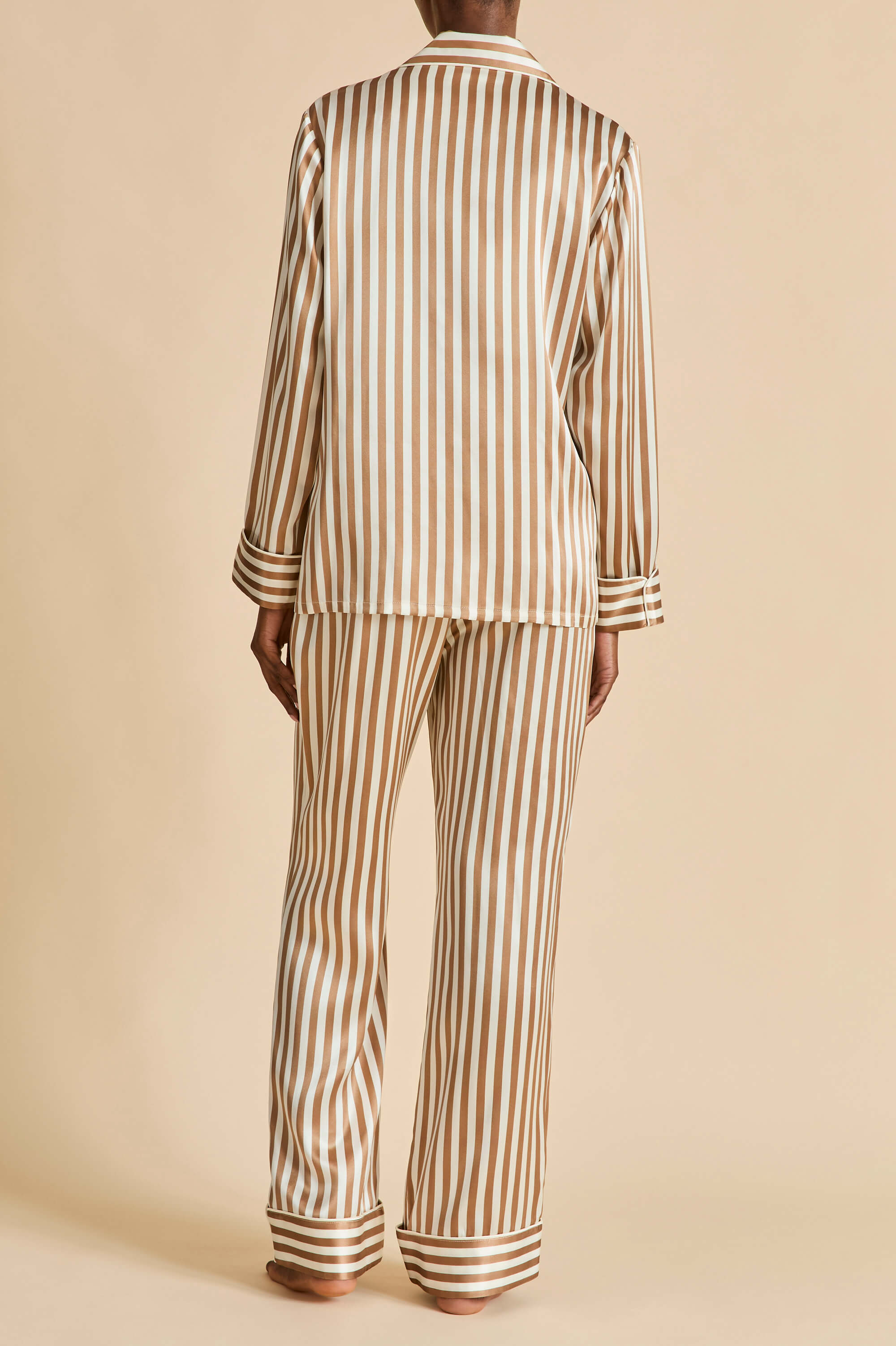 Lila Solene Beige Stripe Pajamas in Silk Satin