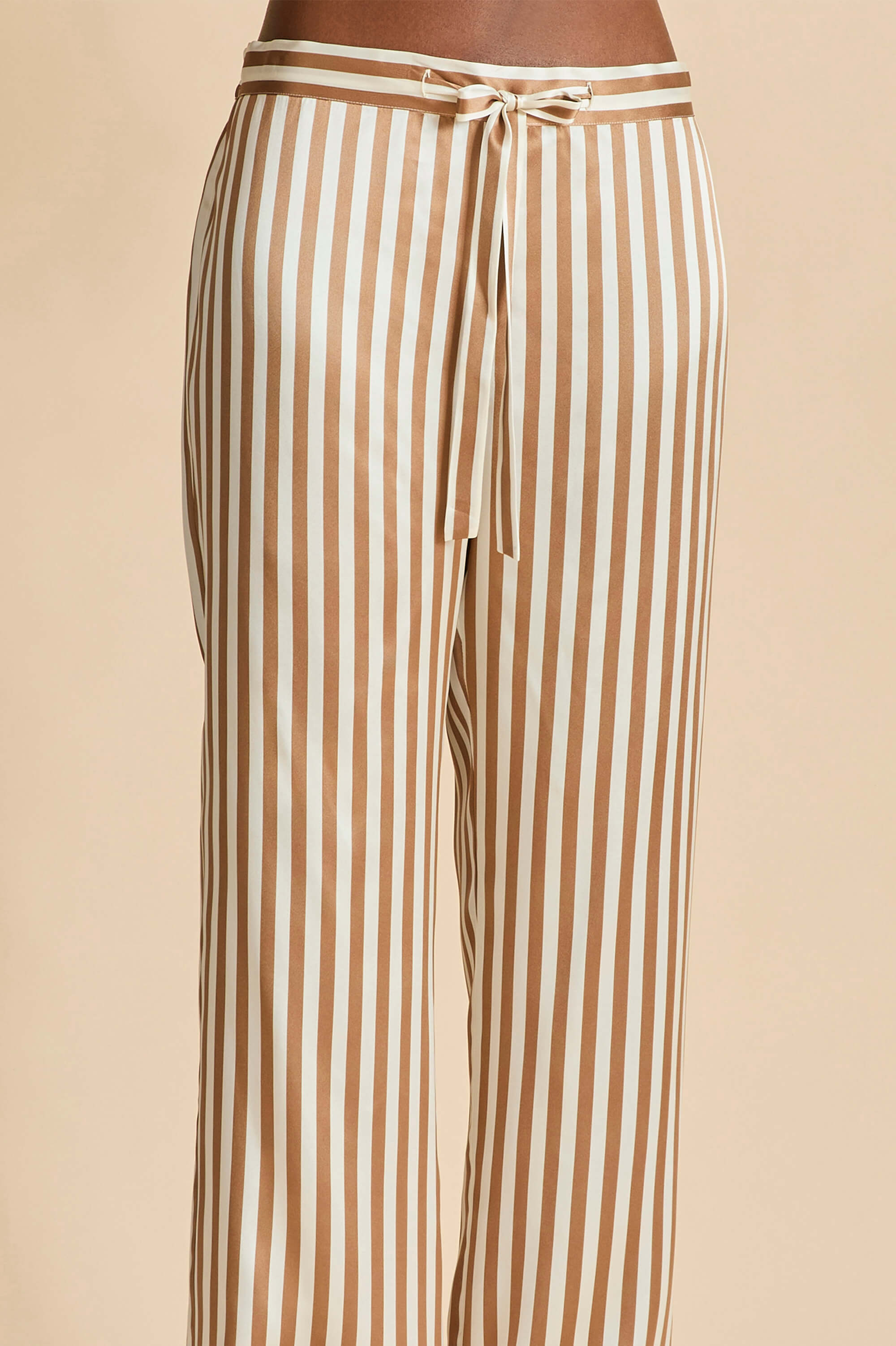Lila Solene Beige Stripe Pajamas in Silk Satin
