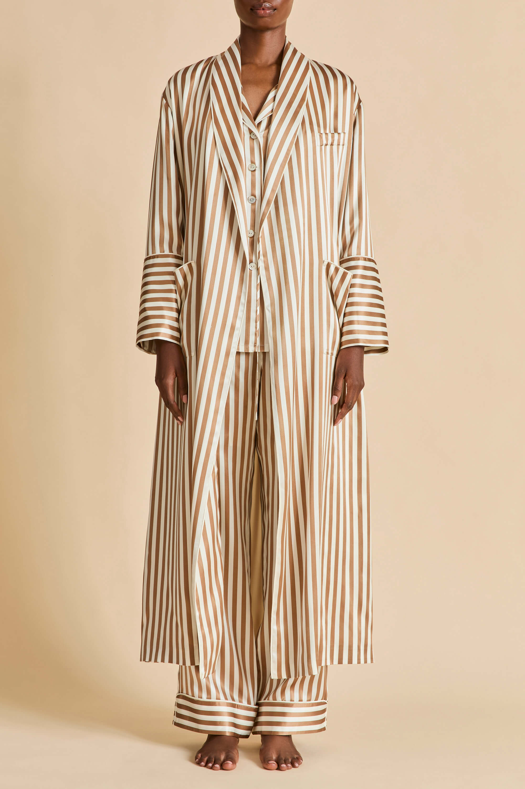 Lila Solene Beige Stripe Pajamas in Silk Satin