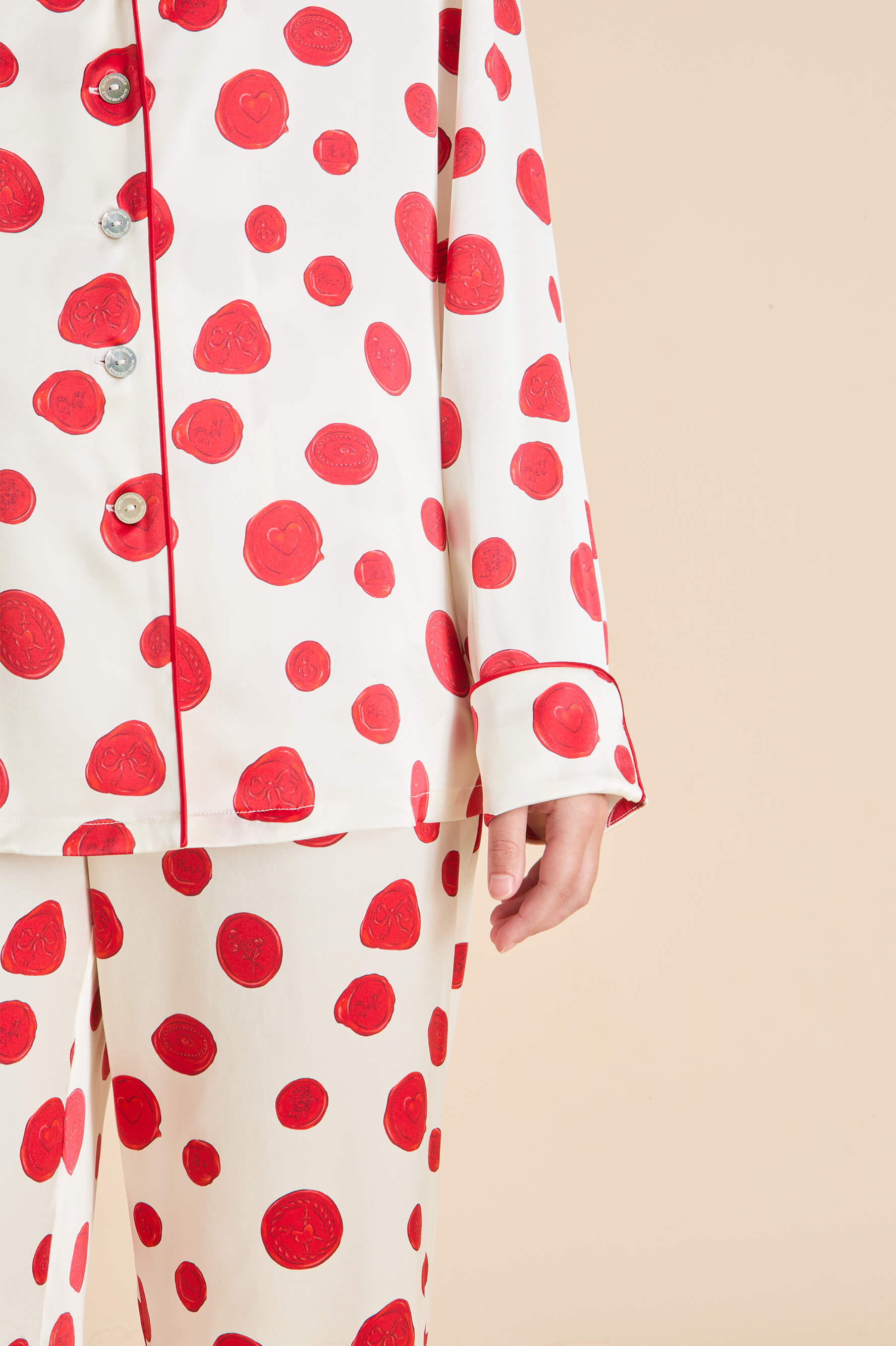 Lila Sonnet Ivory Wax Seal Pyjamas in Silk Satin