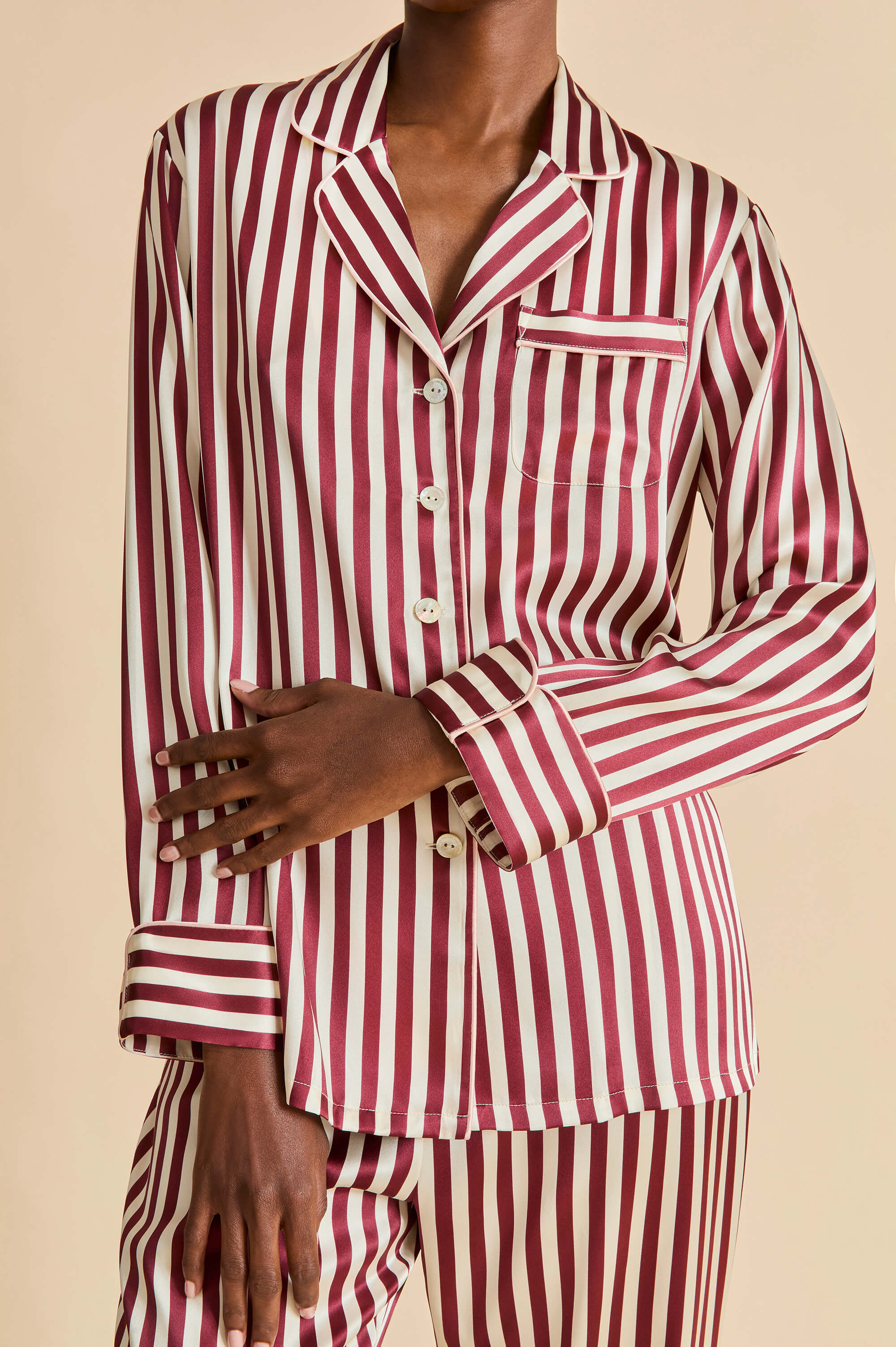 lila soren burgundy stripe pyjamas in silk satin 