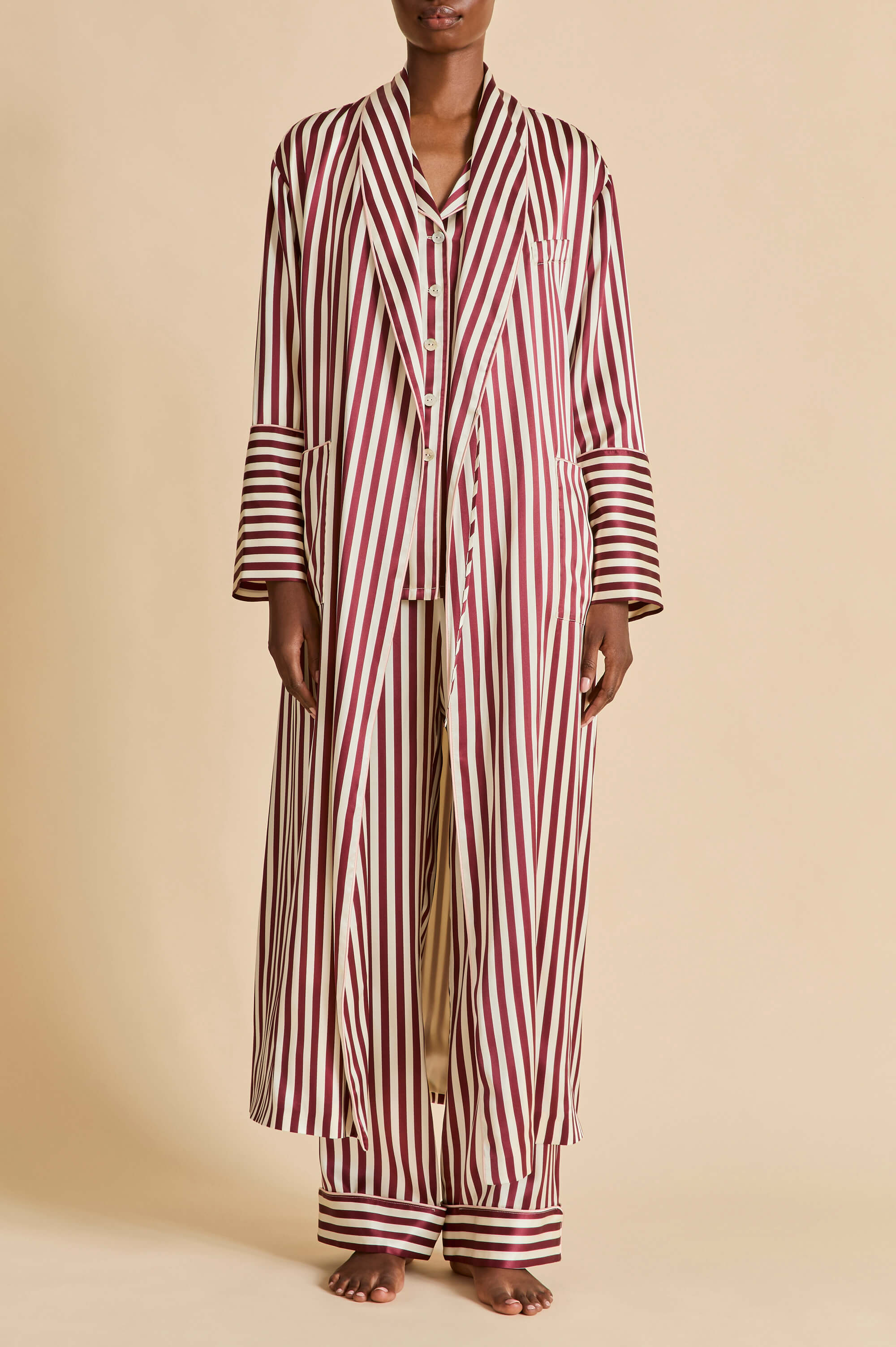 Lila Soren Burgundy Stripe Pyjamas in Silk Satin