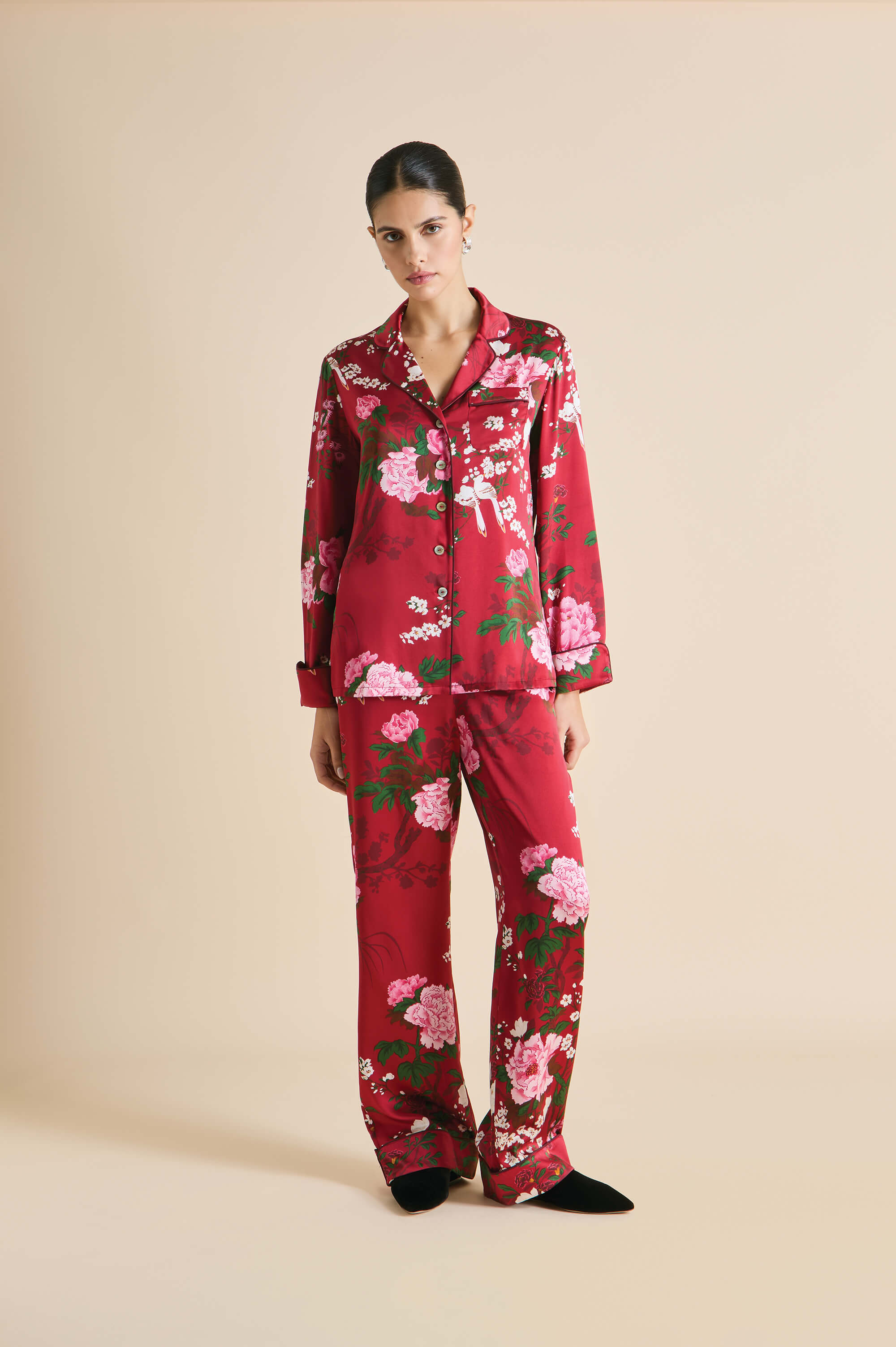 Lila Tardieu Red Floral Pyjamas in Silk Satin