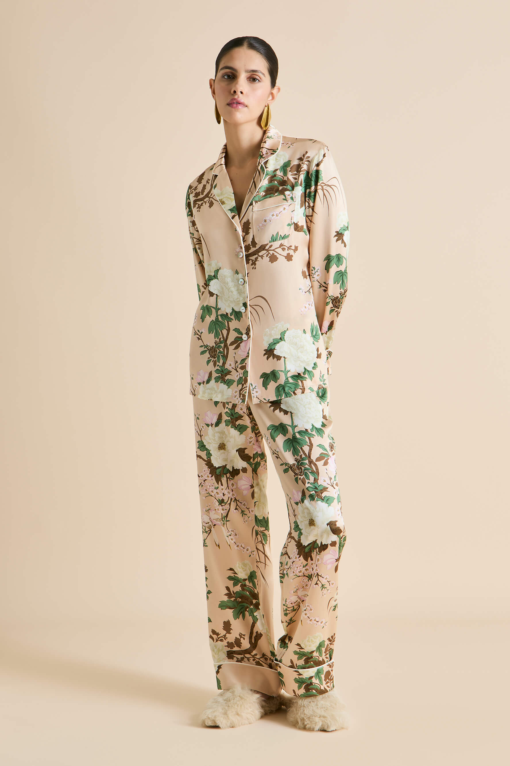 Lila Tirtoff Cream Floral Pyjamas in Silk Satin