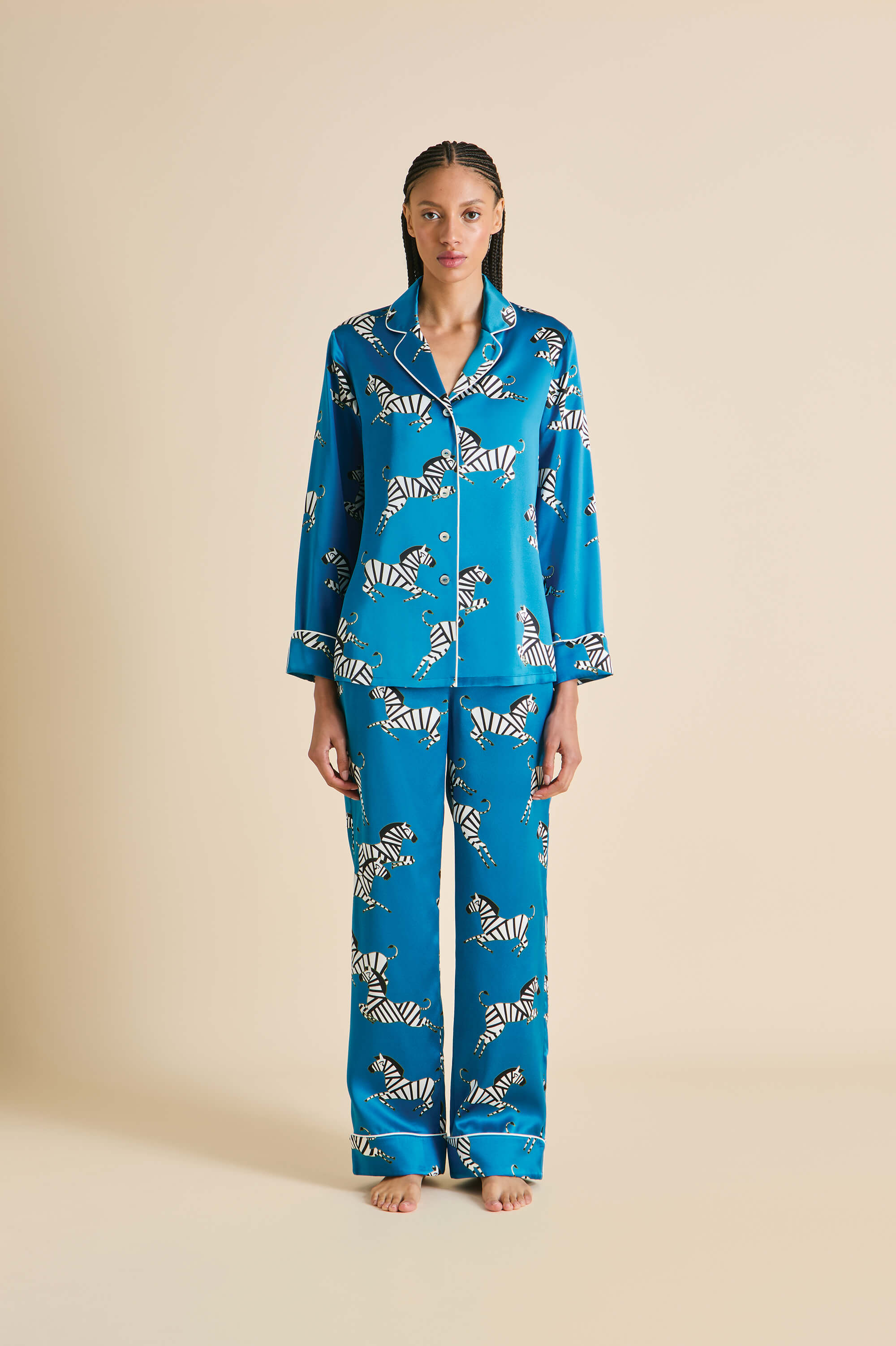 Lila Zora Blue Zebra Pyjamas in Silk Satin Olivia von Halle