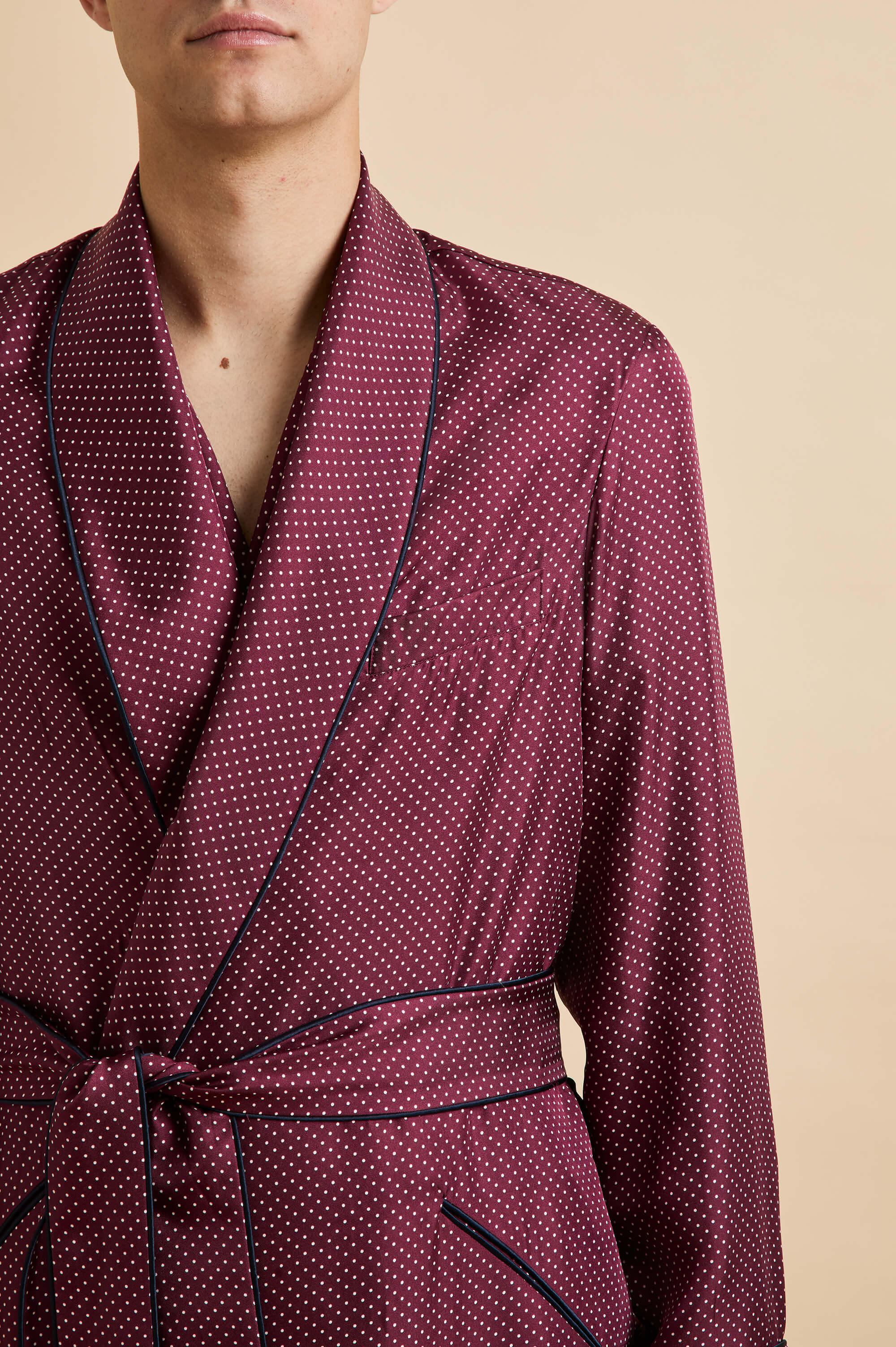 mescal bastien burgundy polka dot robe in silk twill 