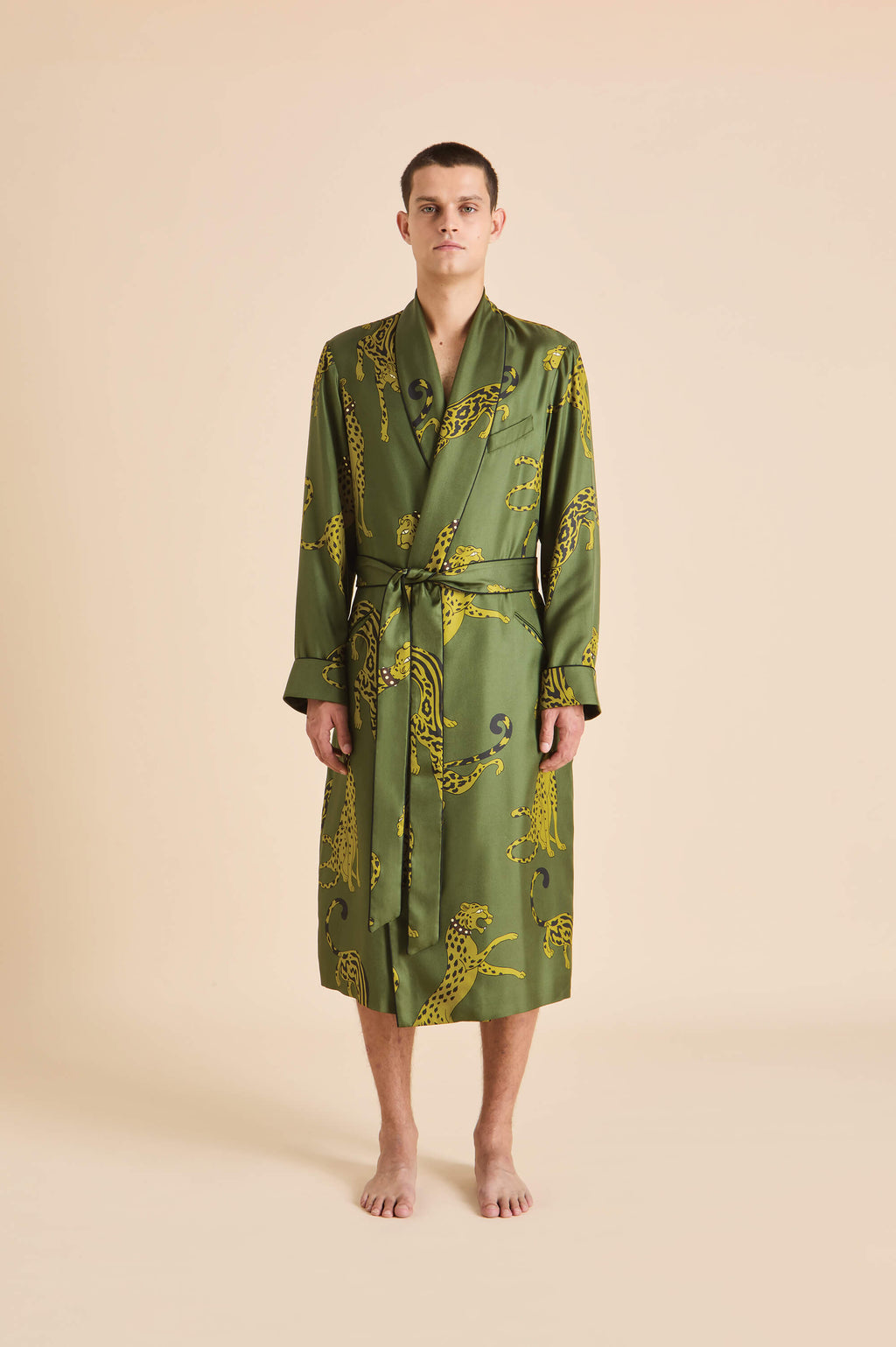 Mescal Nyra Green Leopard Robe in Silk Twill | Olivia von Halle