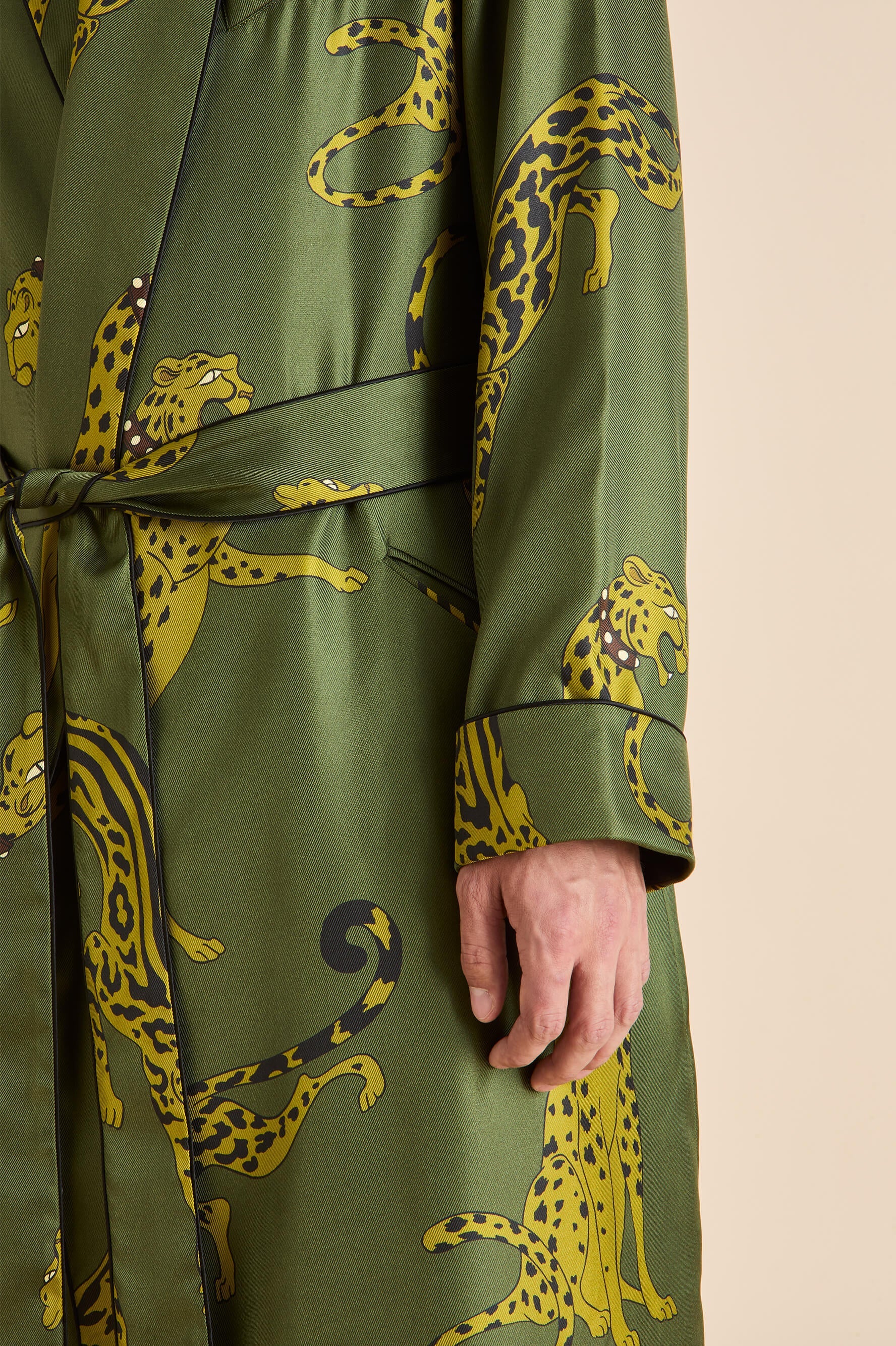 Mescal Nyra Green Leopard Robe in Silk Twill
