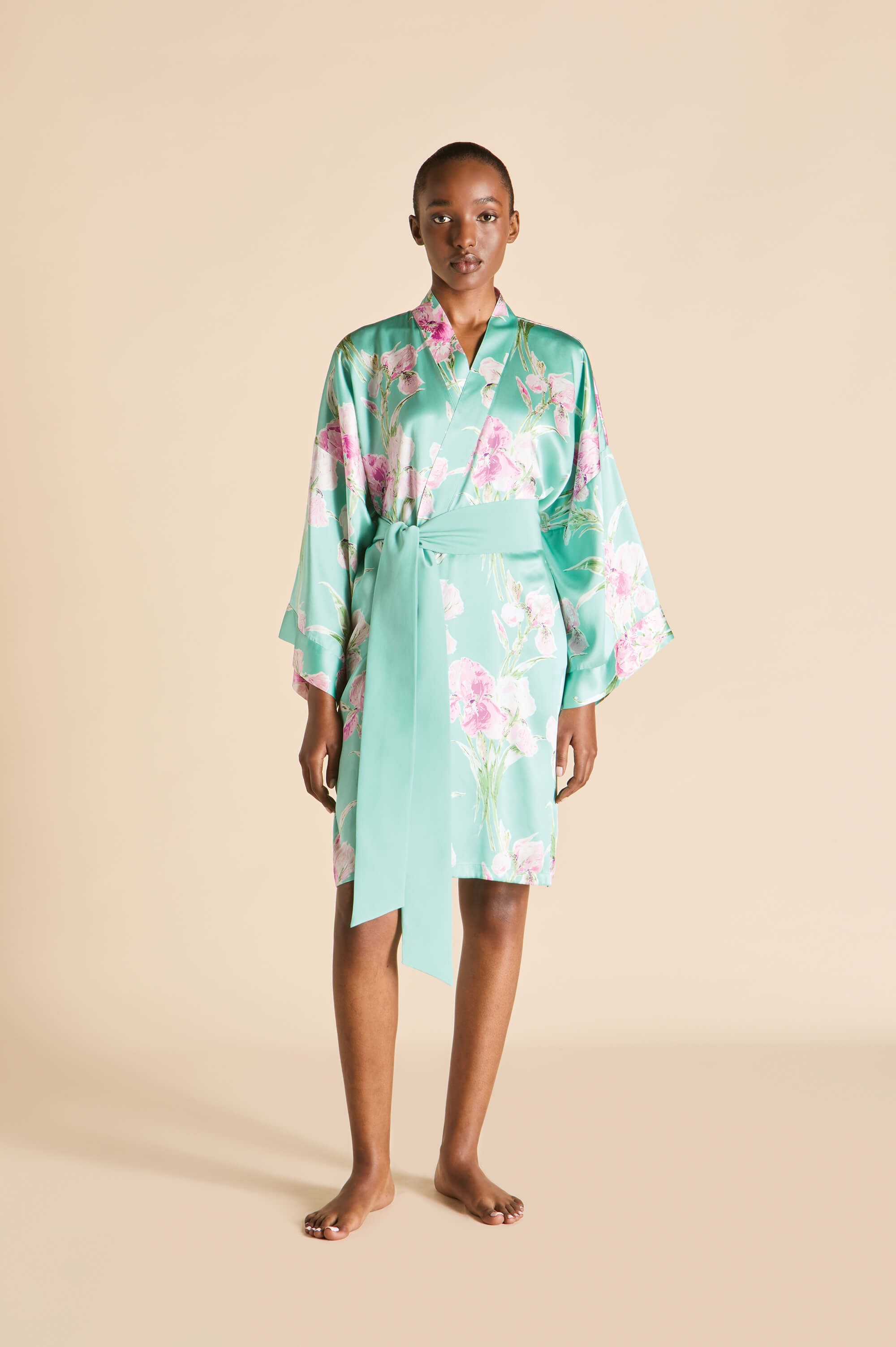 Mimi Abalone Turquoise Floral Robe in Silk Satin | Olivia von Halle