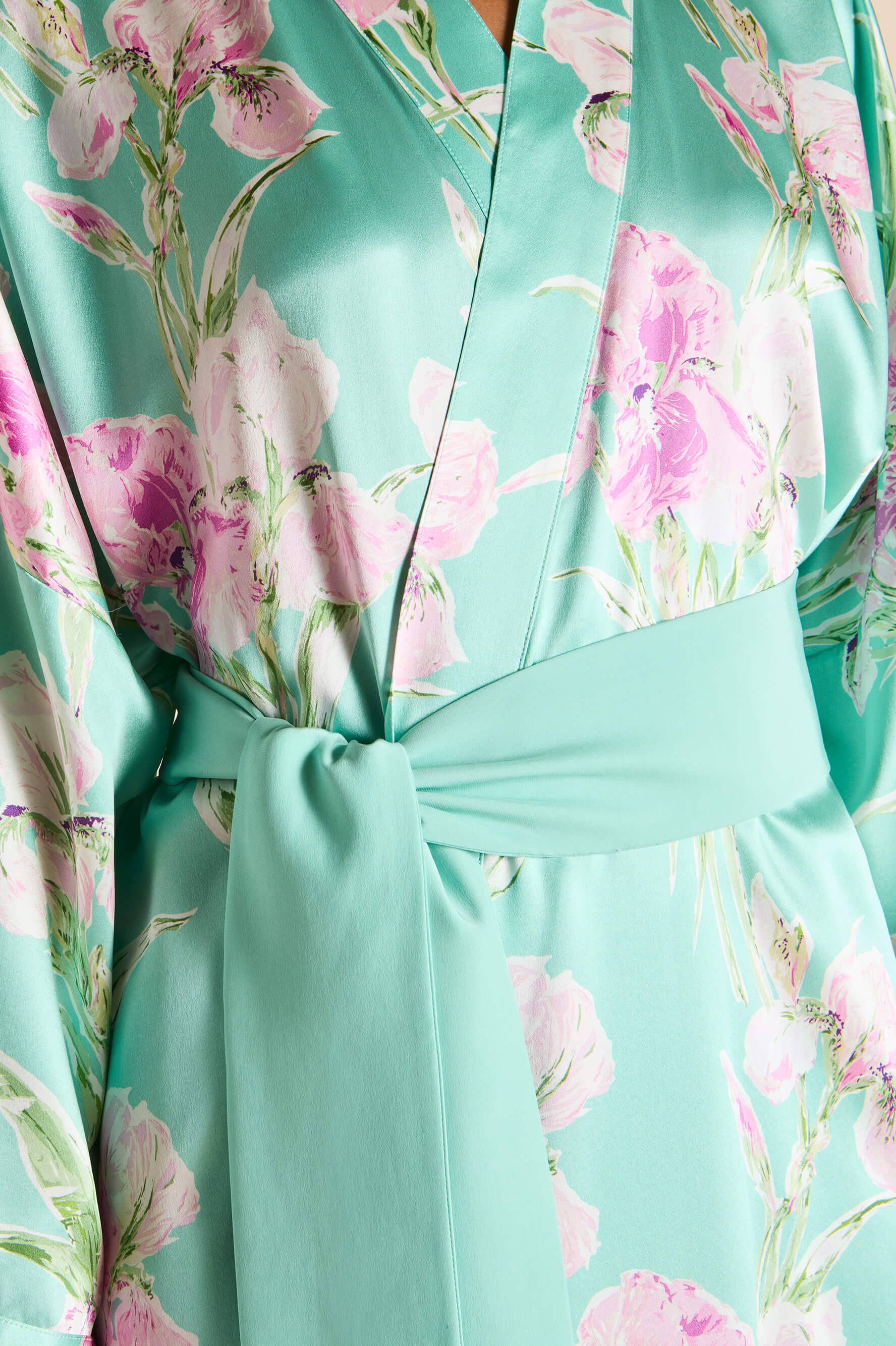 Mimi Abalone Turquoise Floral Robe in Silk Satin