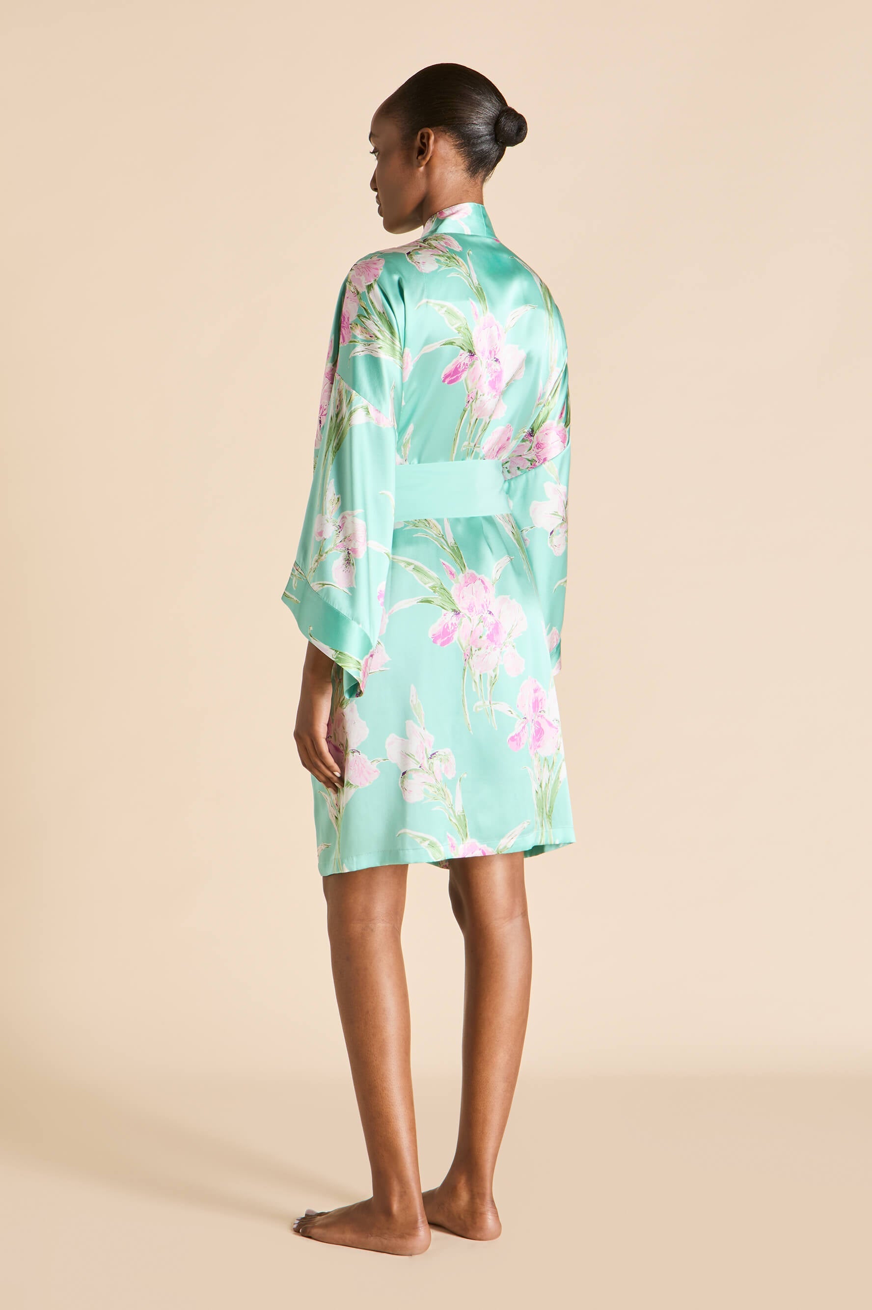 Mimi Abalone Turquoise Floral Robe in Silk Satin