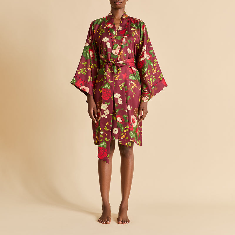 Mimi Florian Red Floral Robe in Silk Twill