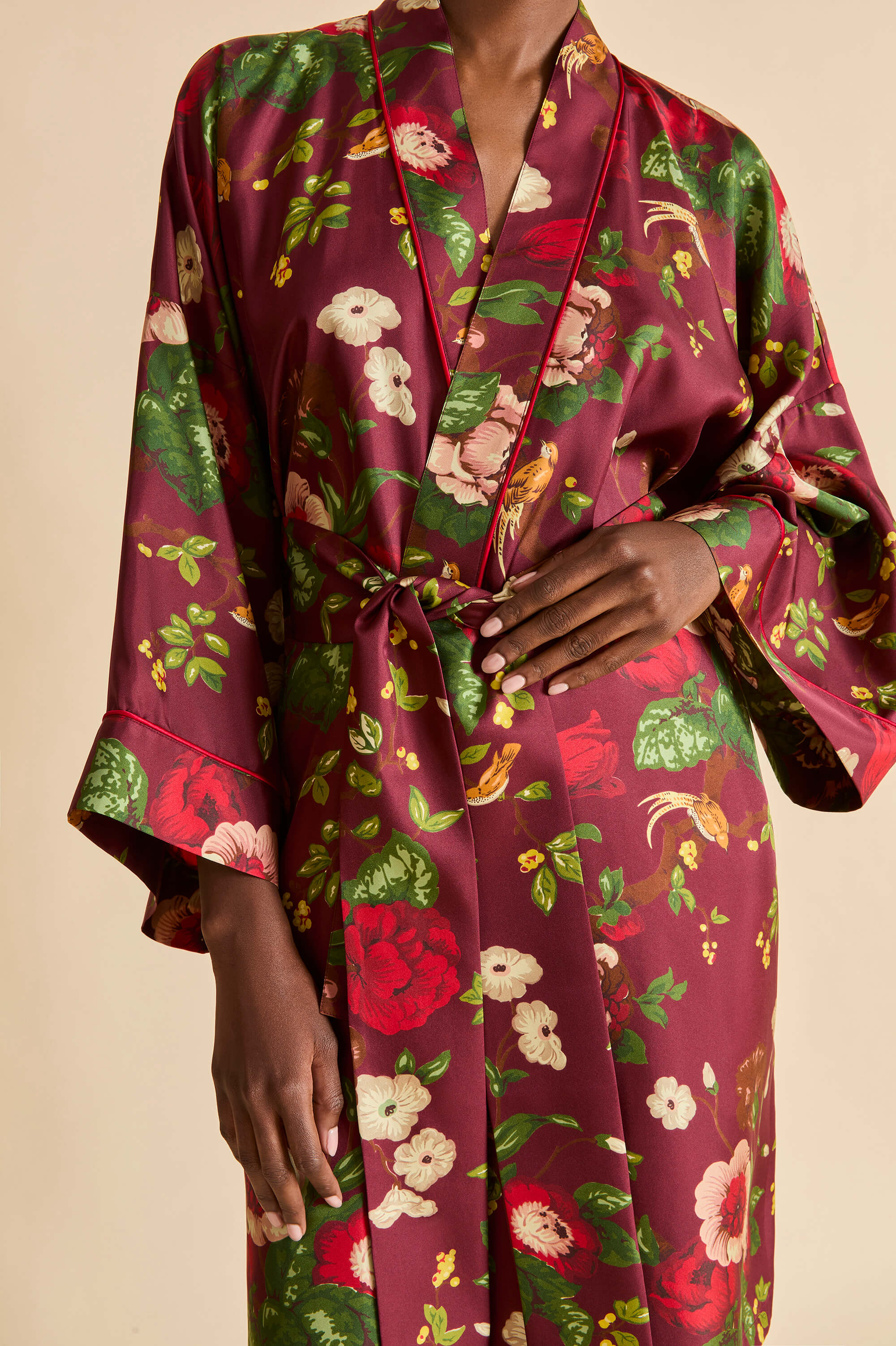 mimi florian red floral robe in silk twill 