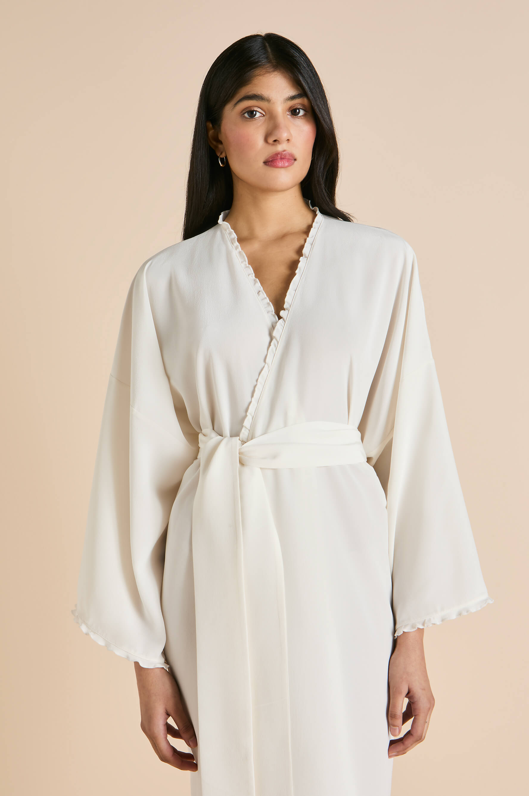 Mimi Ivory Frilled Robe in Silk Crêpe de Chine