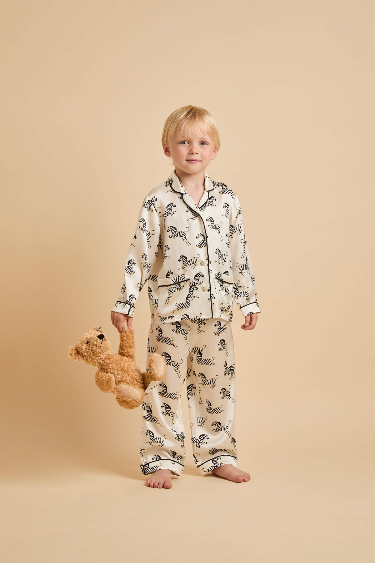mini lila zebedee ivory zebra pyjamas in silk satin 