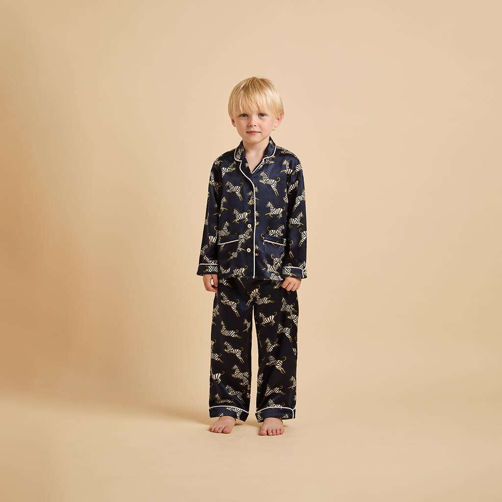 Mini Lila Zizi Navy Zebra Pyjamas in Silk Satin