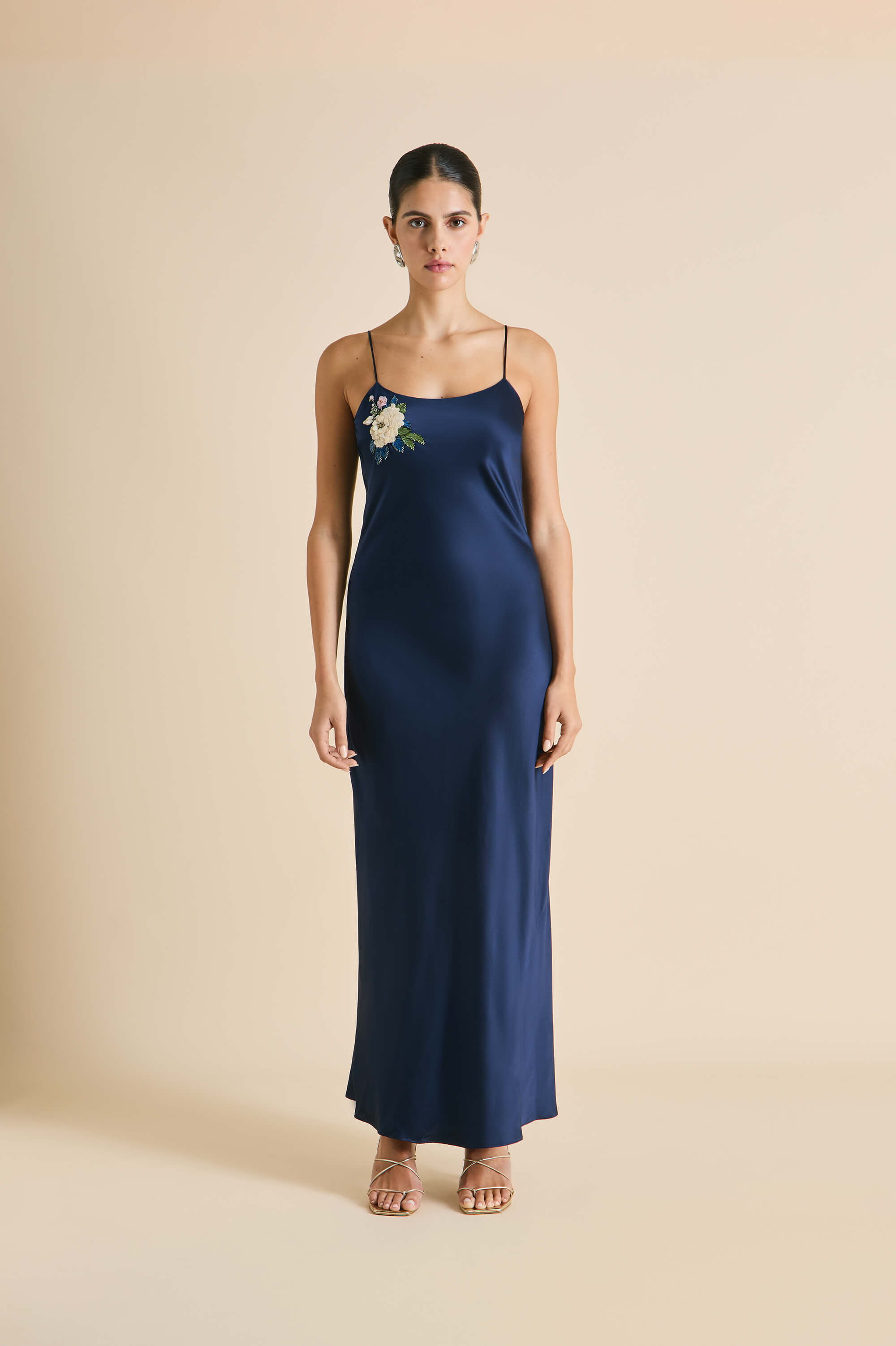 olympia harmonies navy embellished dress in silk satin