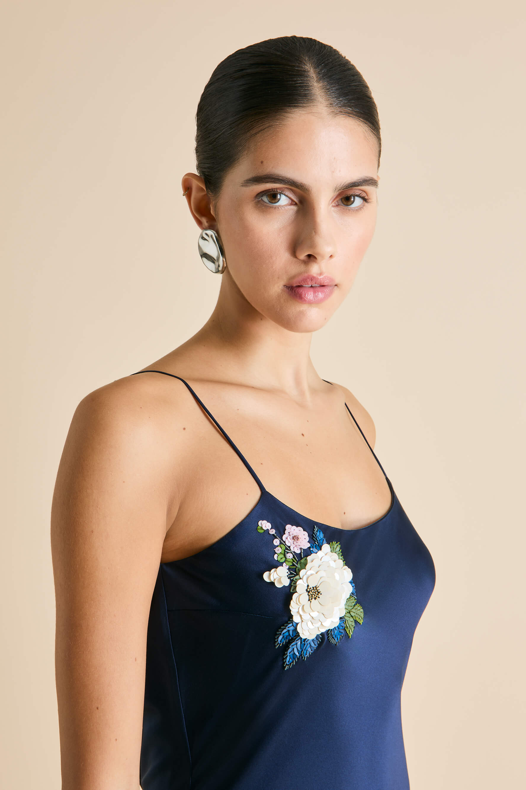 Olympia Harmonies Navy Embellished Dress in Silk Satin