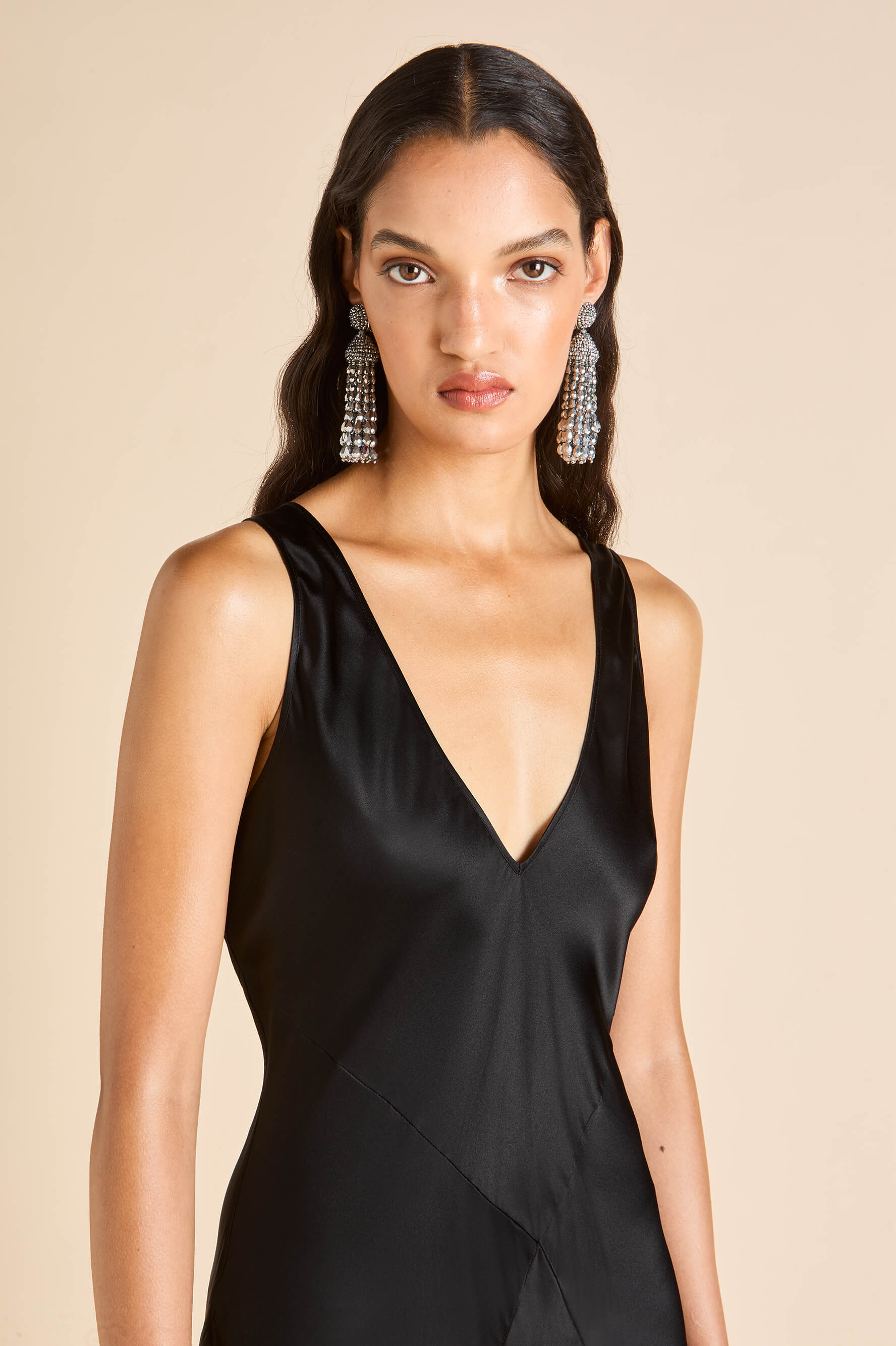 Olivia Von Halle | Paloma Jet Black Dress in Silk Satin | Women