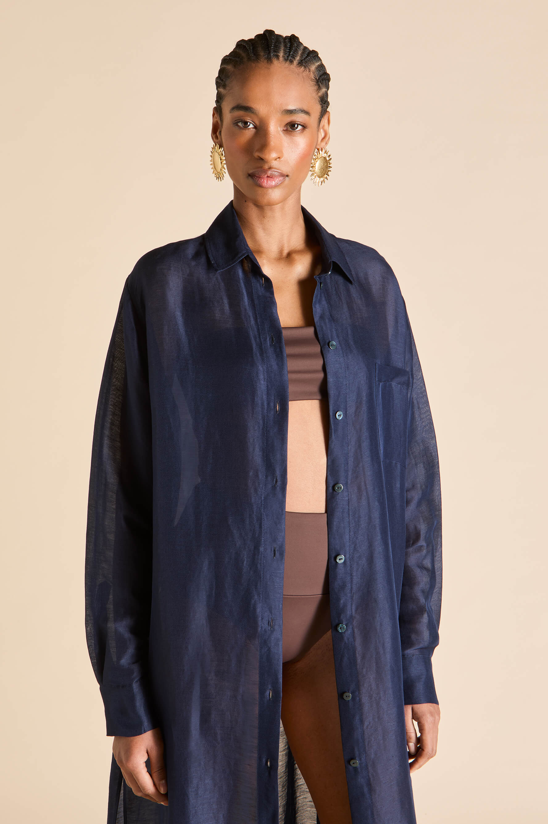Phoebe Navy Shirt Dress in Linen-Silk